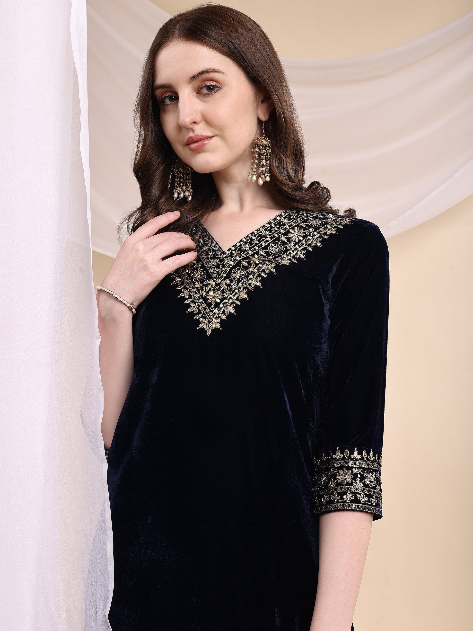 Embroidered Velvet Co-Ords, Navy Blue - Hiral Fashion