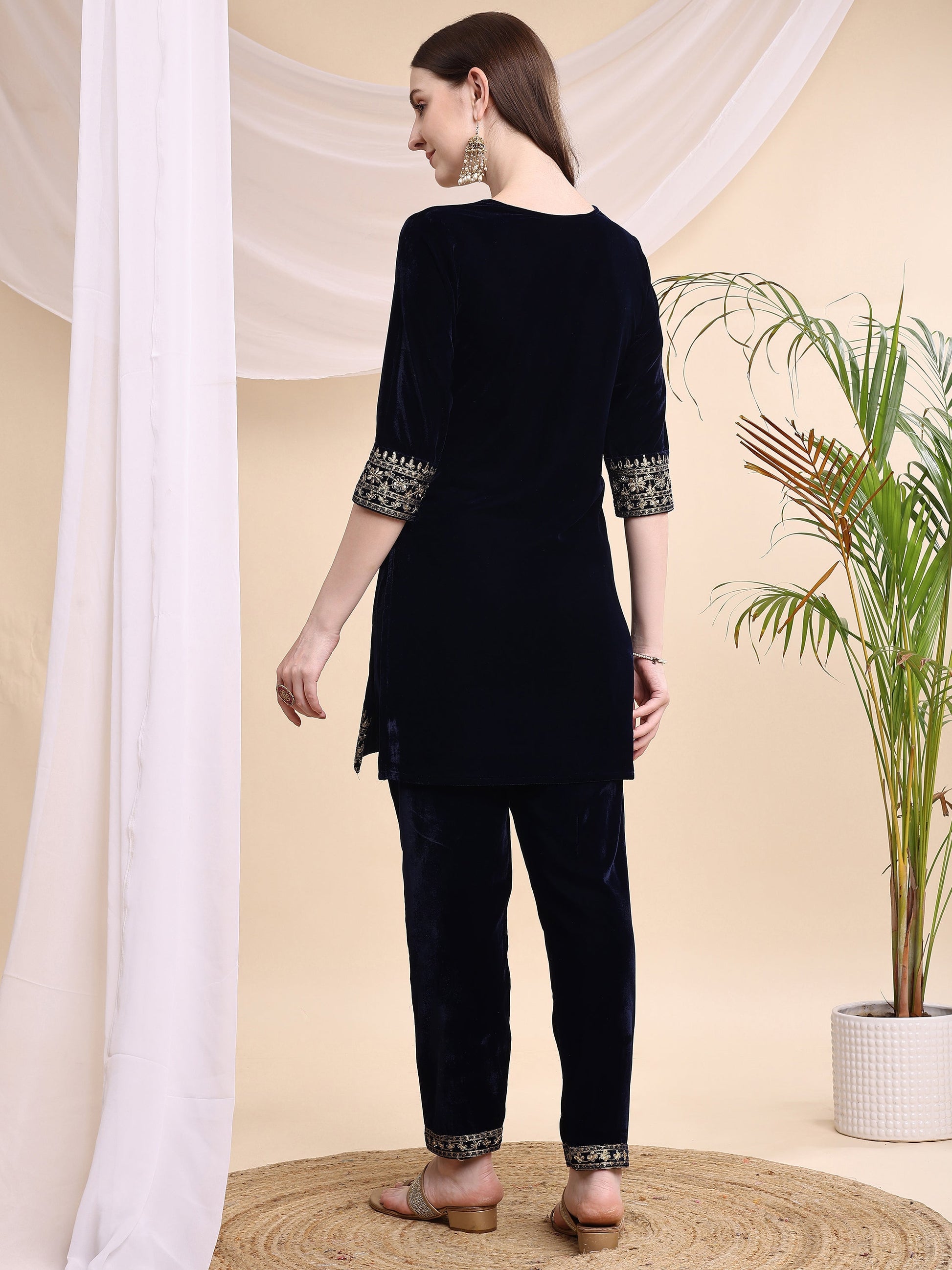 Embroidered Velvet Co-Ords, Navy Blue - Hiral Fashion