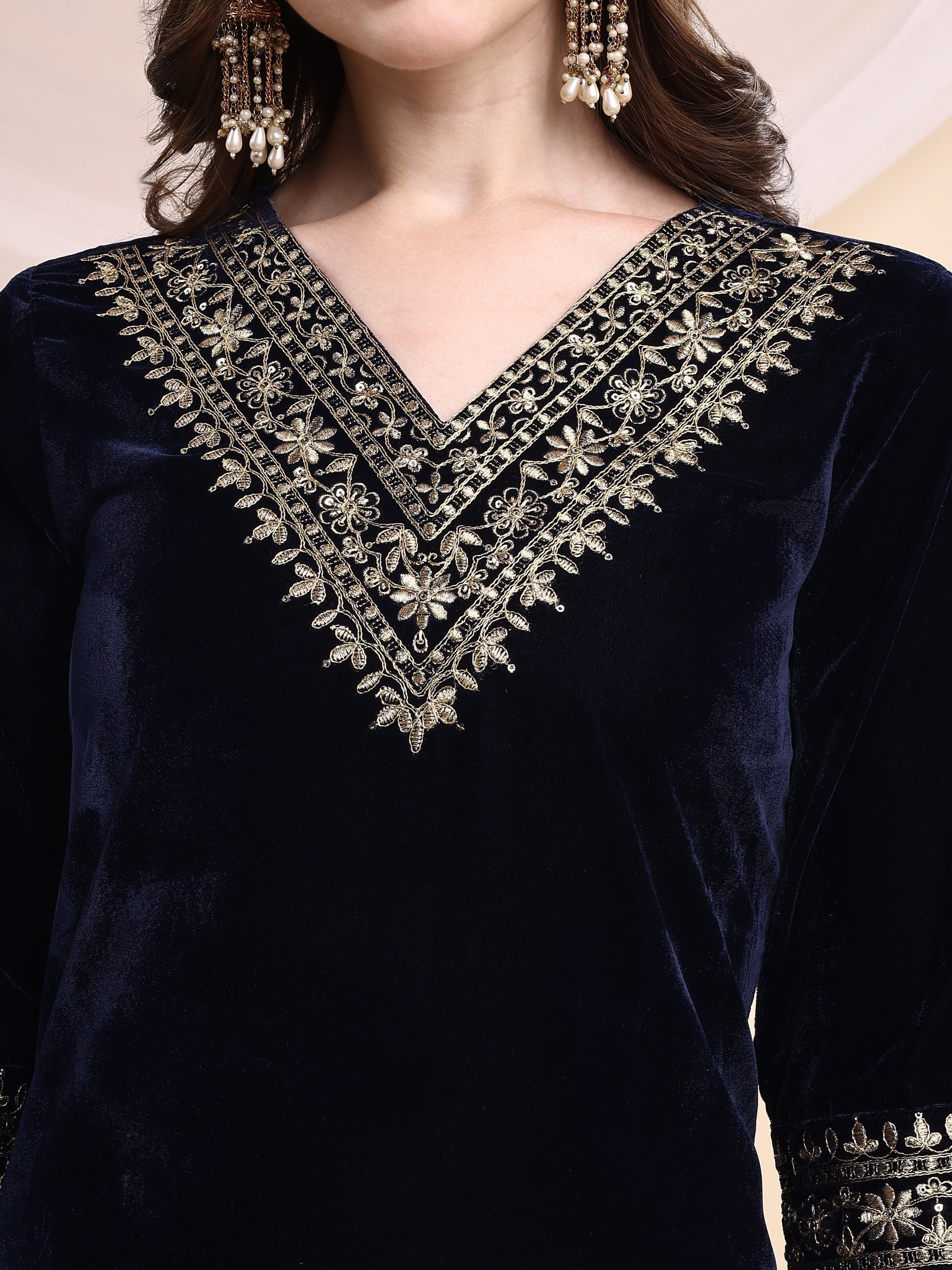 Embroidered Velvet Co-Ords, Navy Blue - Hiral Fashion