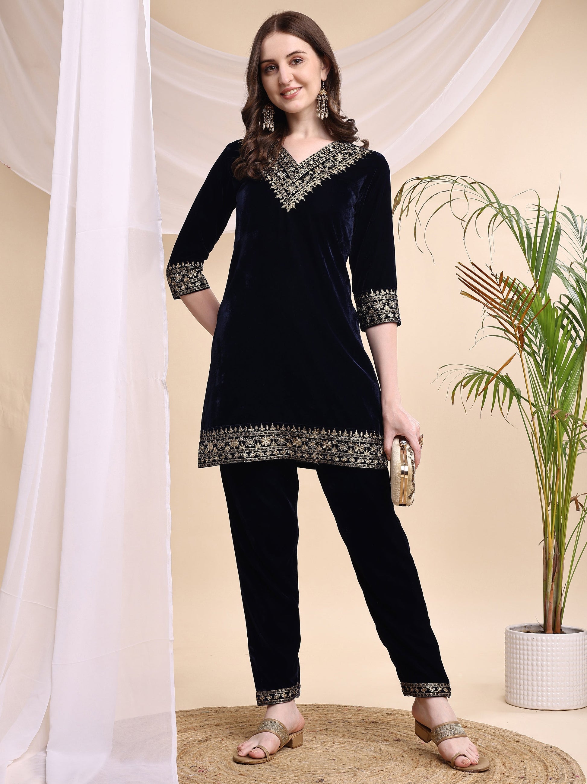Embroidered Velvet Co-Ords, Navy Blue - Hiral Fashion
