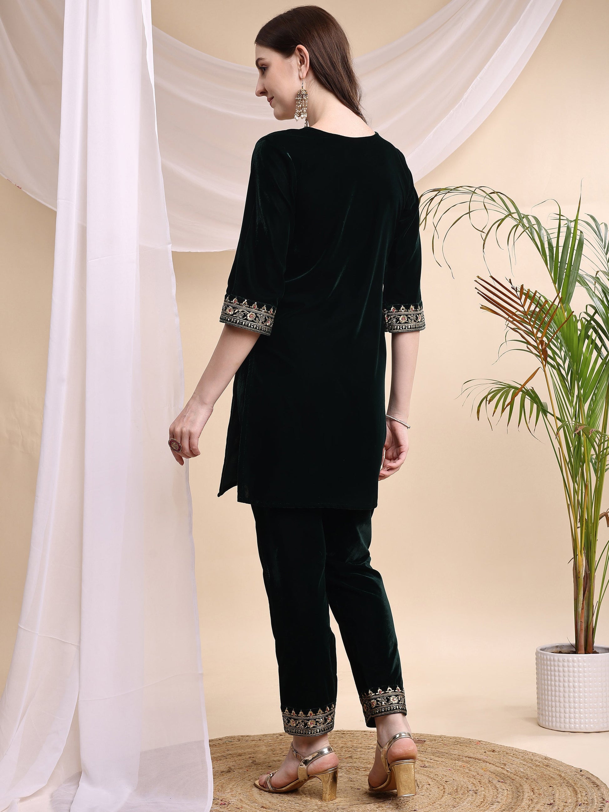Embroidered Velvet Co-Ords, Bottle-Green - Hiral Fashion