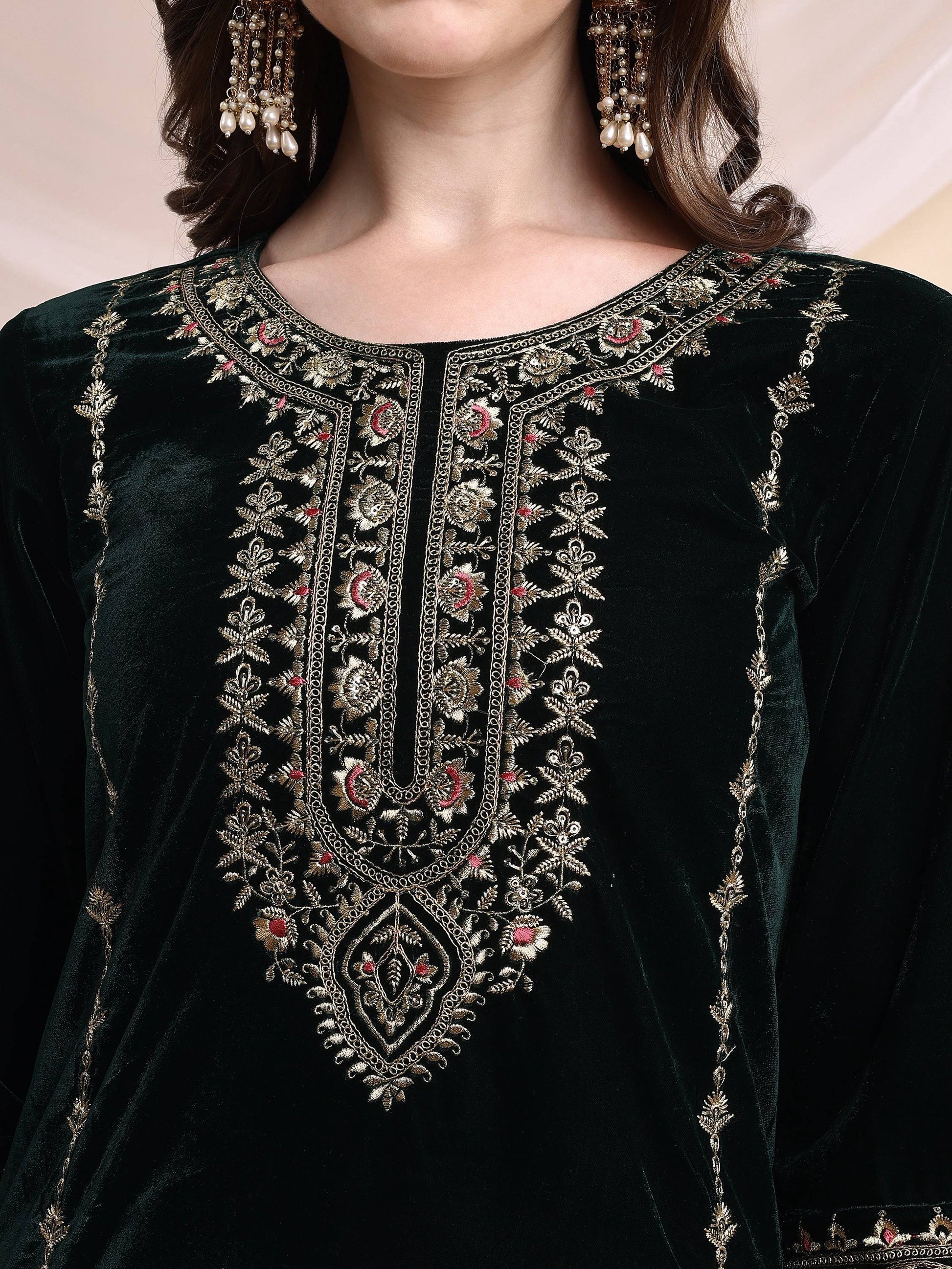 Embroidered Velvet Co-Ords, Bottle-Green - Hiral Fashion