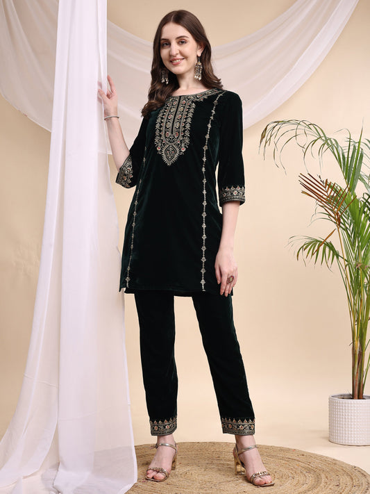 Embroidered Velvet Co-Ords, Bottle-Green - Hiral Fashion