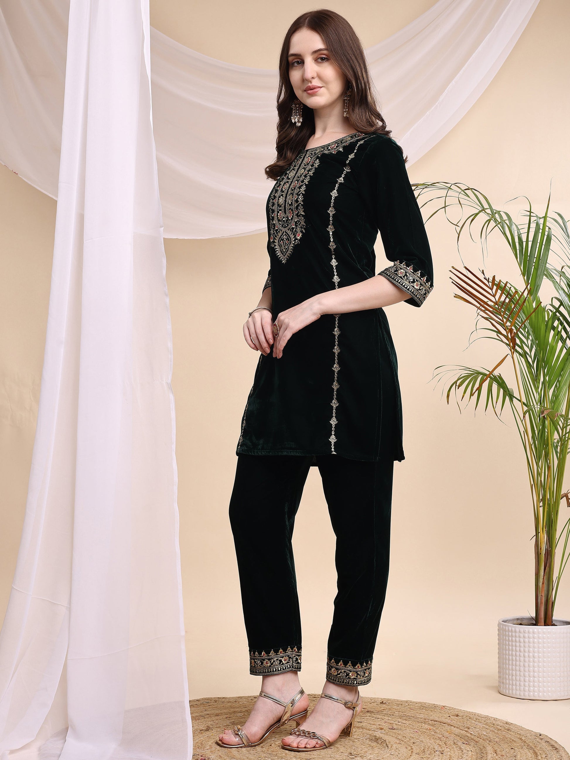 Embroidered Velvet Co-Ords, Bottle-Green - Hiral Fashion