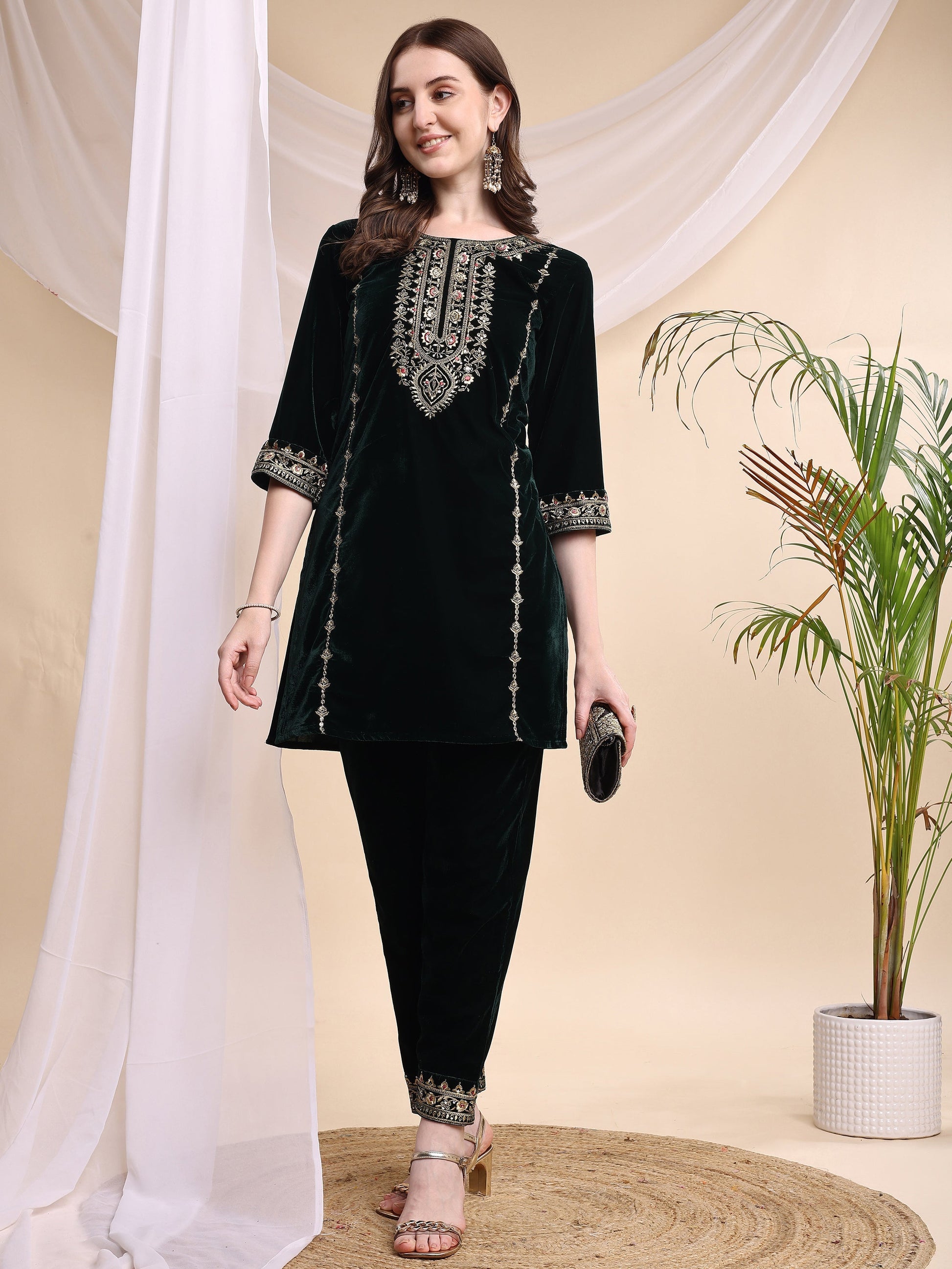 Embroidered Velvet Co-Ords, Bottle-Green - Hiral Fashion
