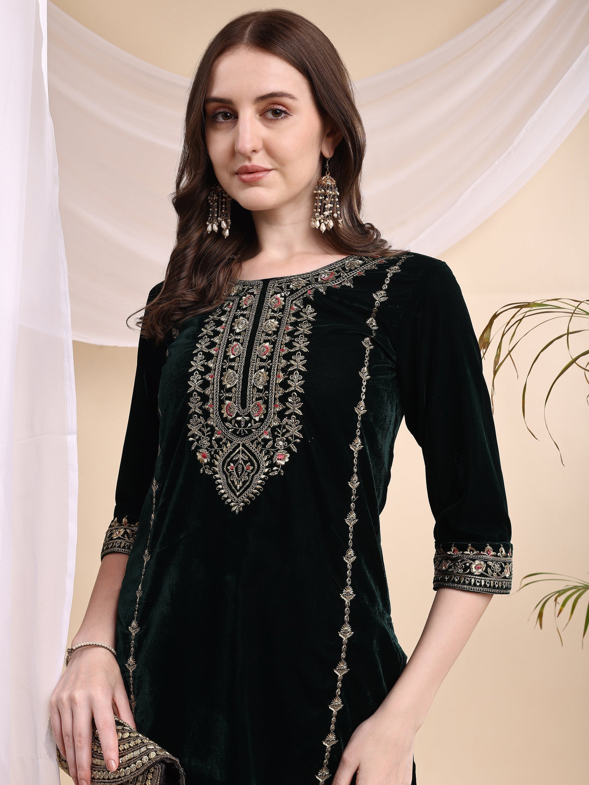 Embroidered Velvet Co-Ords, Bottle-Green - Hiral Fashion