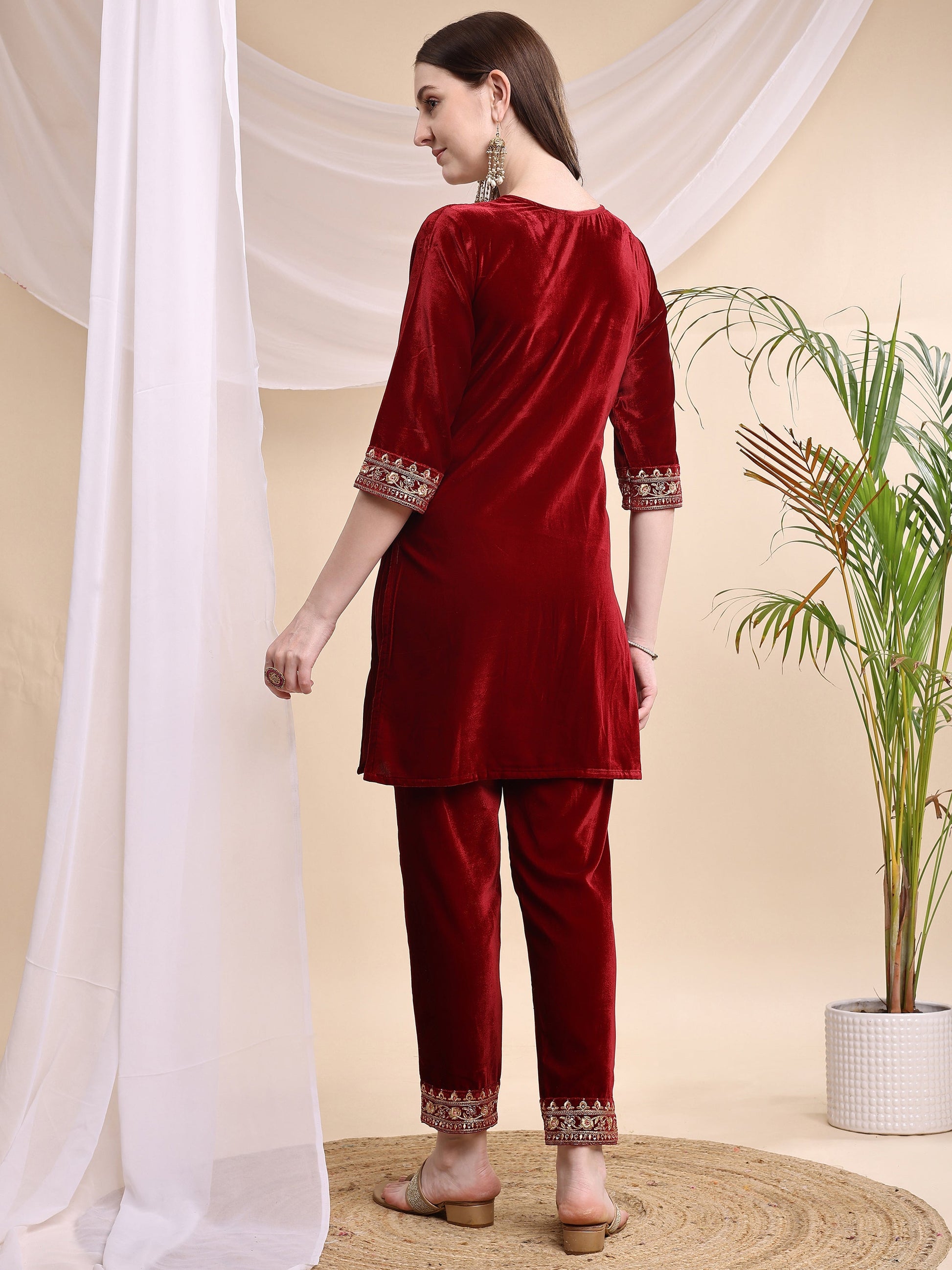 Embroidered Velvet Co-Ords, Maroon - Hiral Fashion