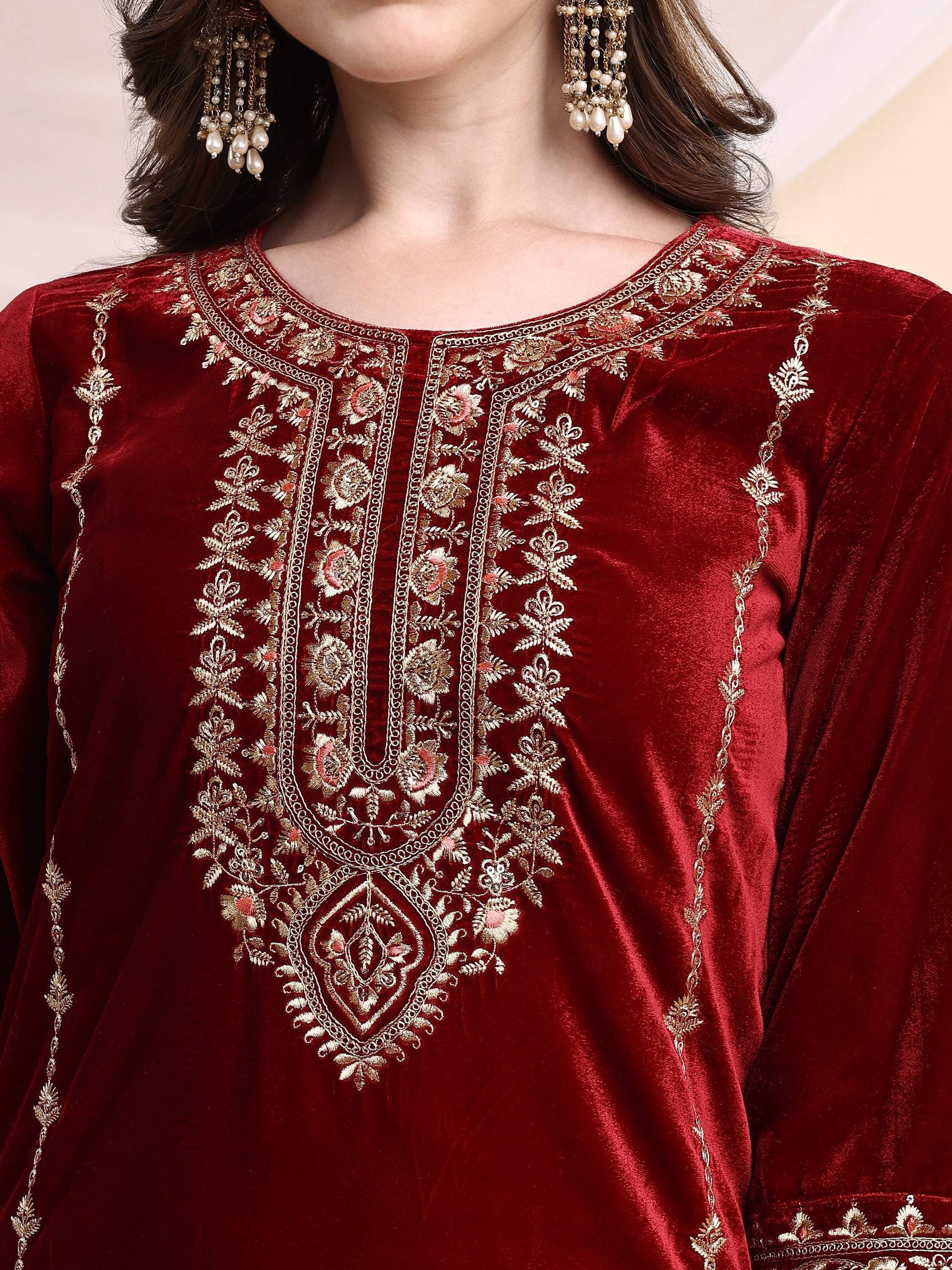 Embroidered Velvet Co-Ords, Maroon - Hiral Fashion