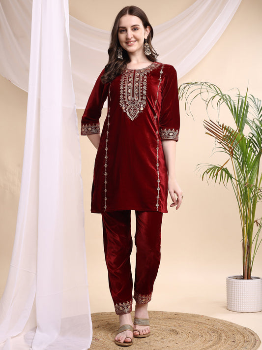 Embroidered Velvet Co-Ords, Maroon - Hiral Fashion