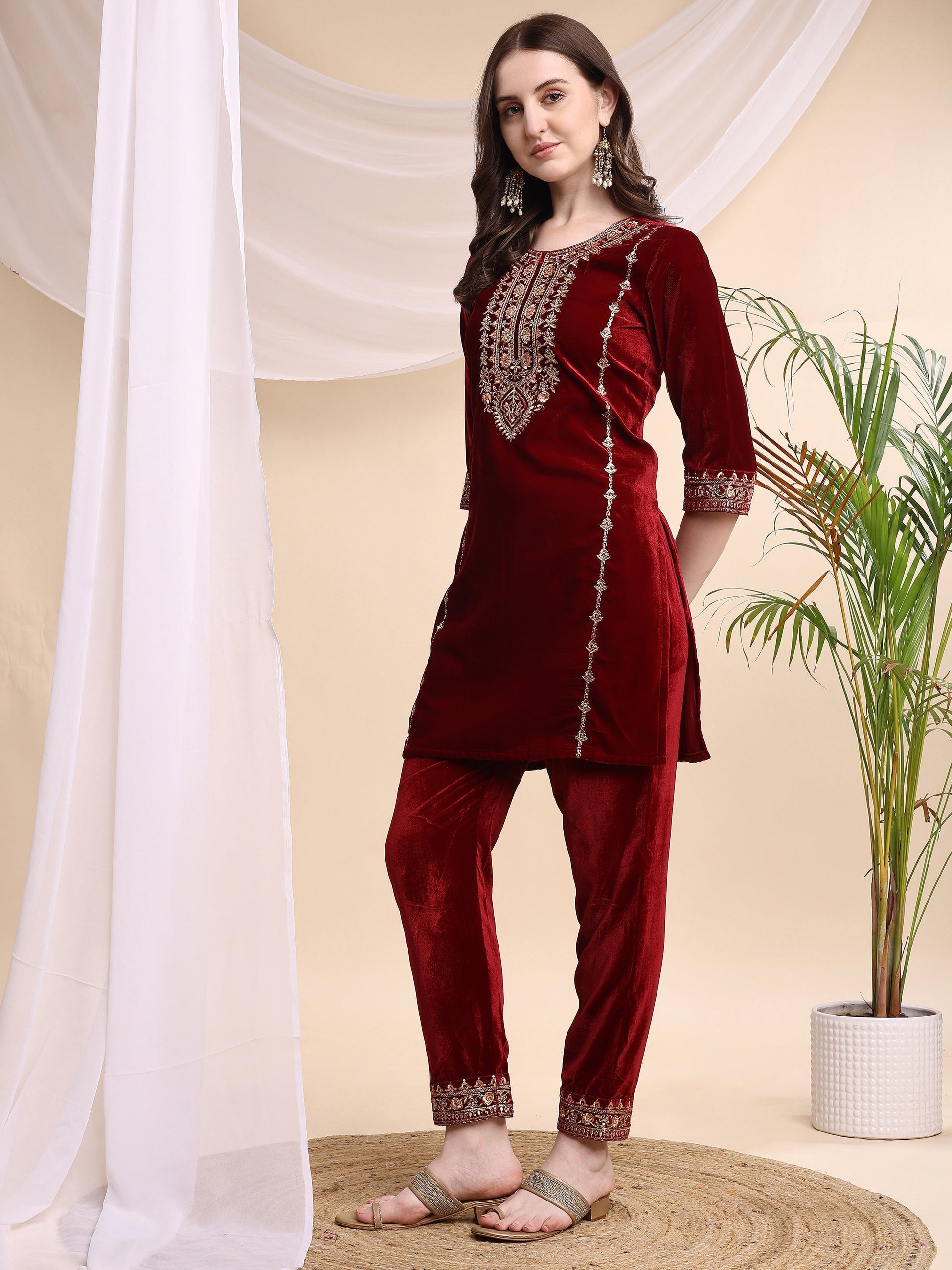 Embroidered Velvet Co-Ords, Maroon - Hiral Fashion