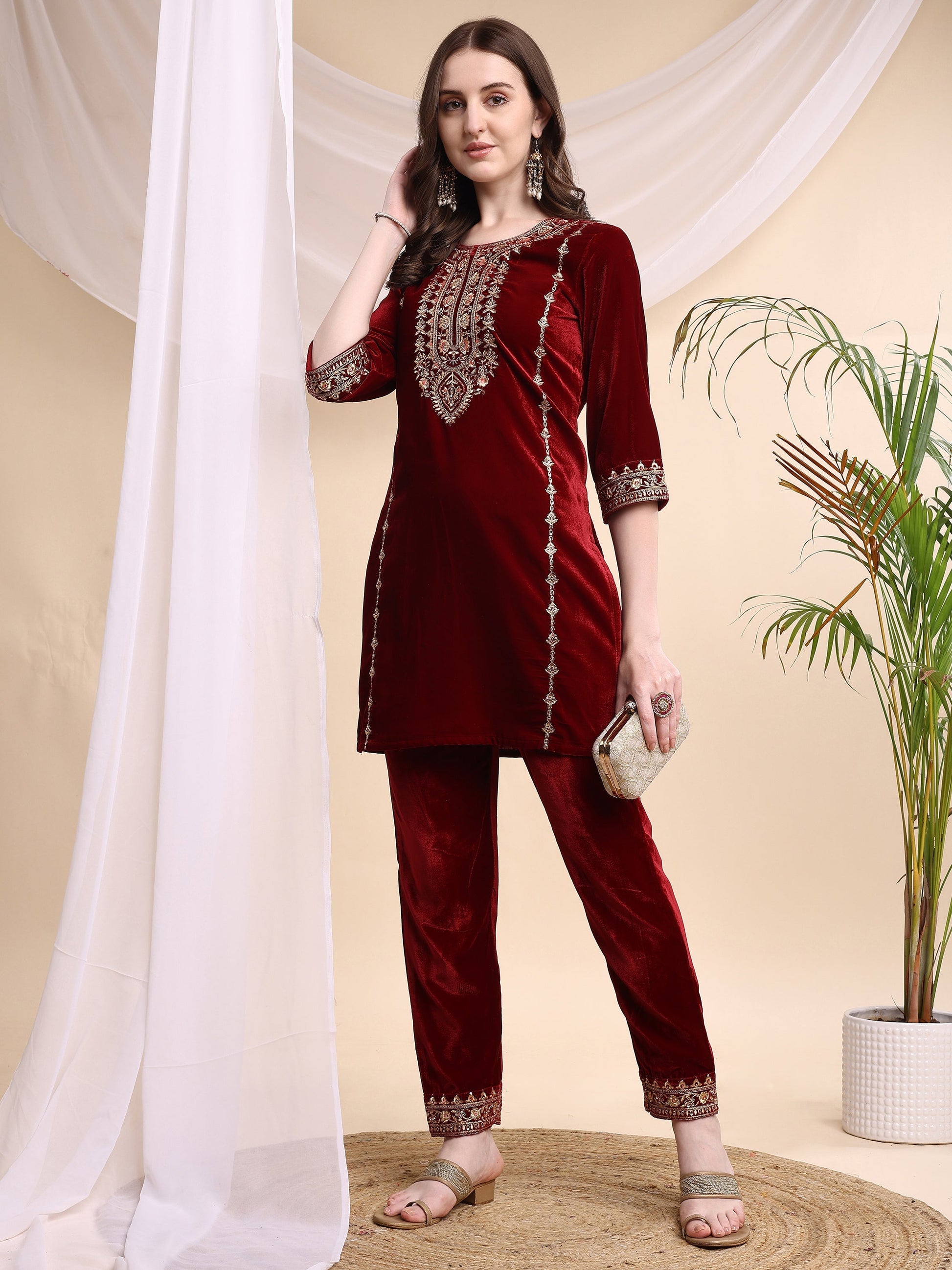 Embroidered Velvet Co-Ords, Maroon - Hiral Fashion