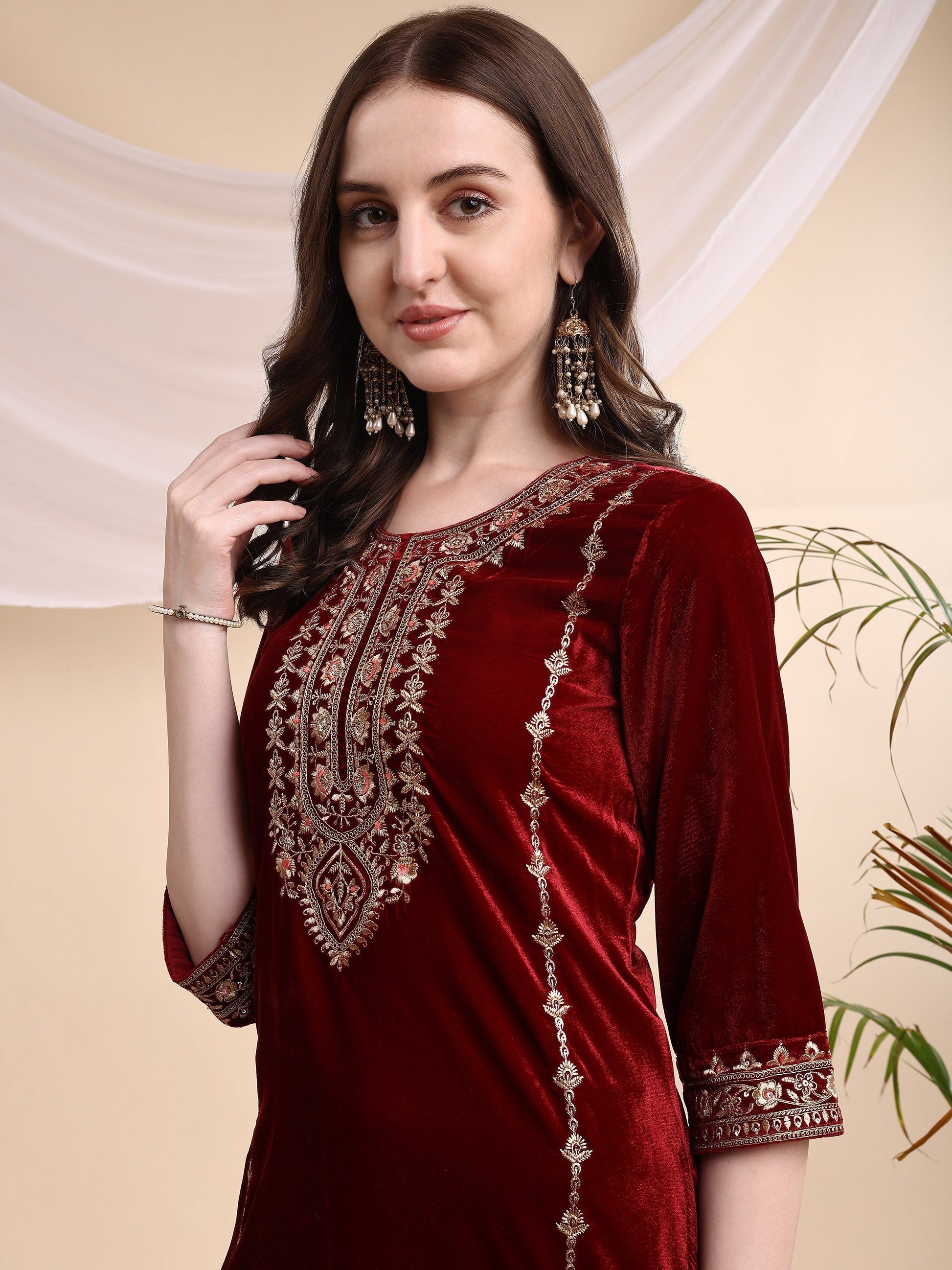 Embroidered Velvet Co-Ords, Maroon - Hiral Fashion