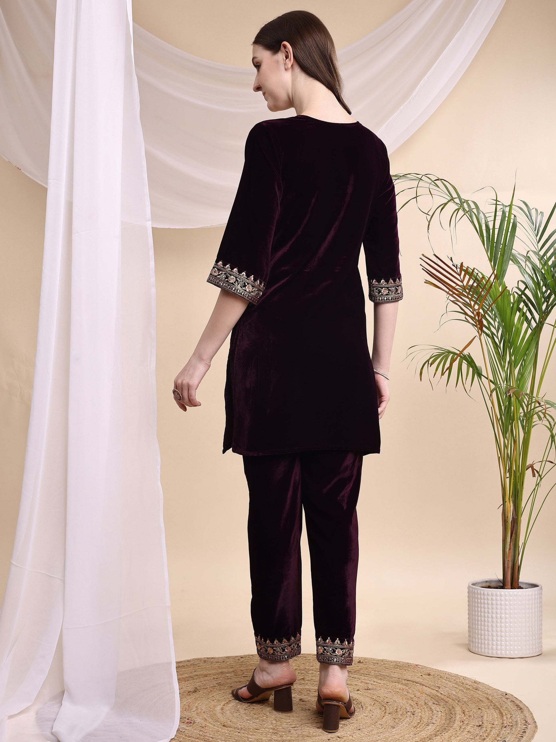Embroidered Velvet Co-Ords, Wine - Hiral Fashion