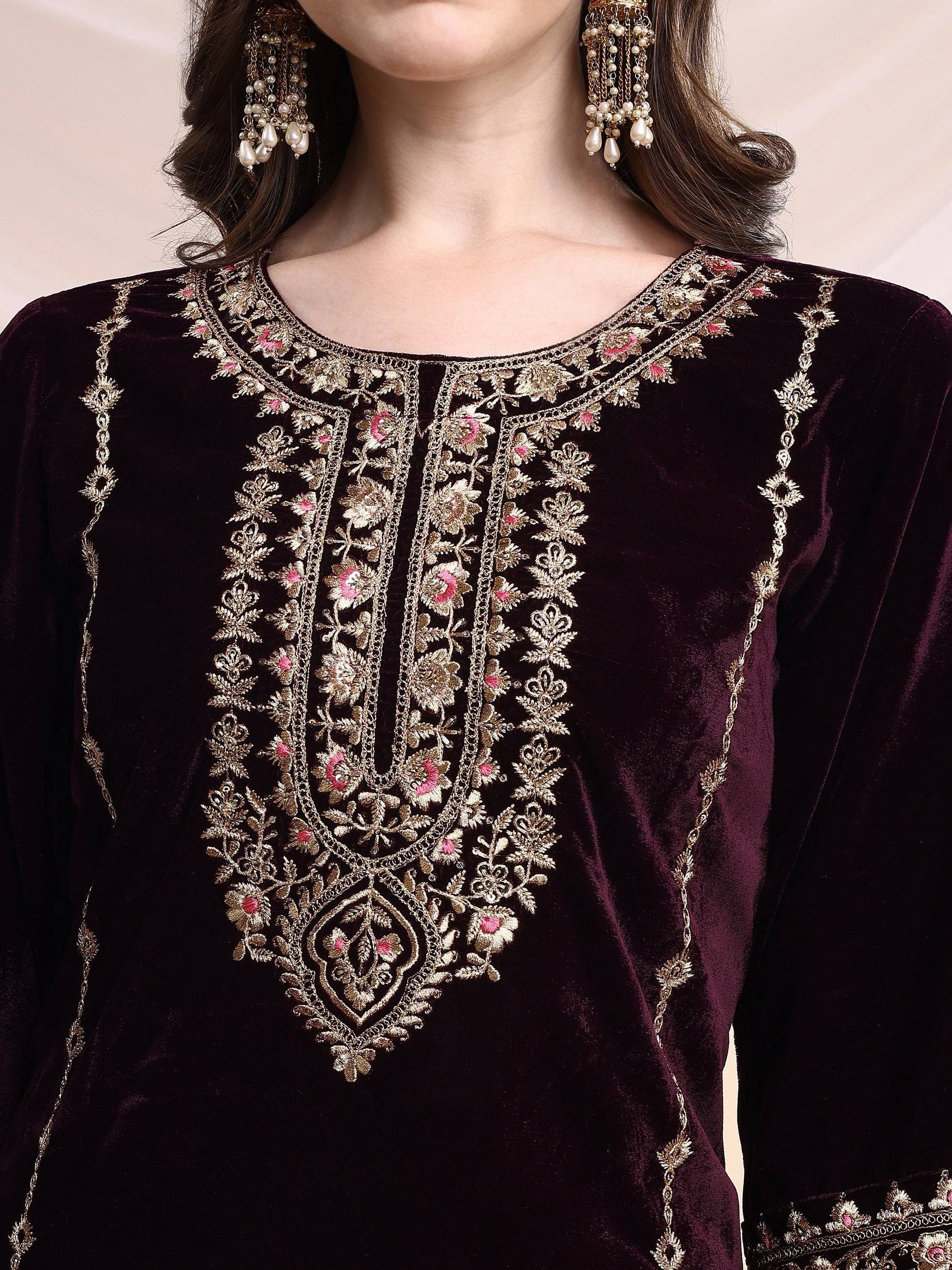 Embroidered Velvet Co-Ords, Wine - Hiral Fashion