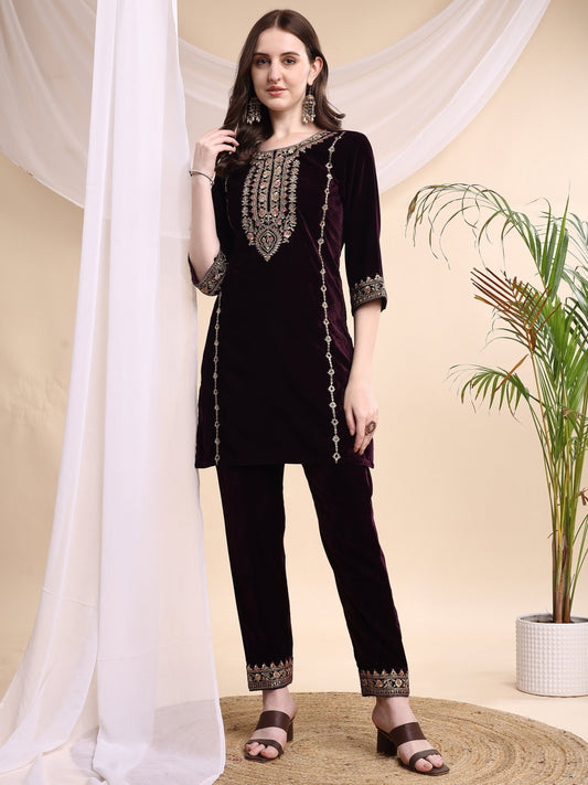 Embroidered Velvet Co-Ords, Wine - Hiral Fashion