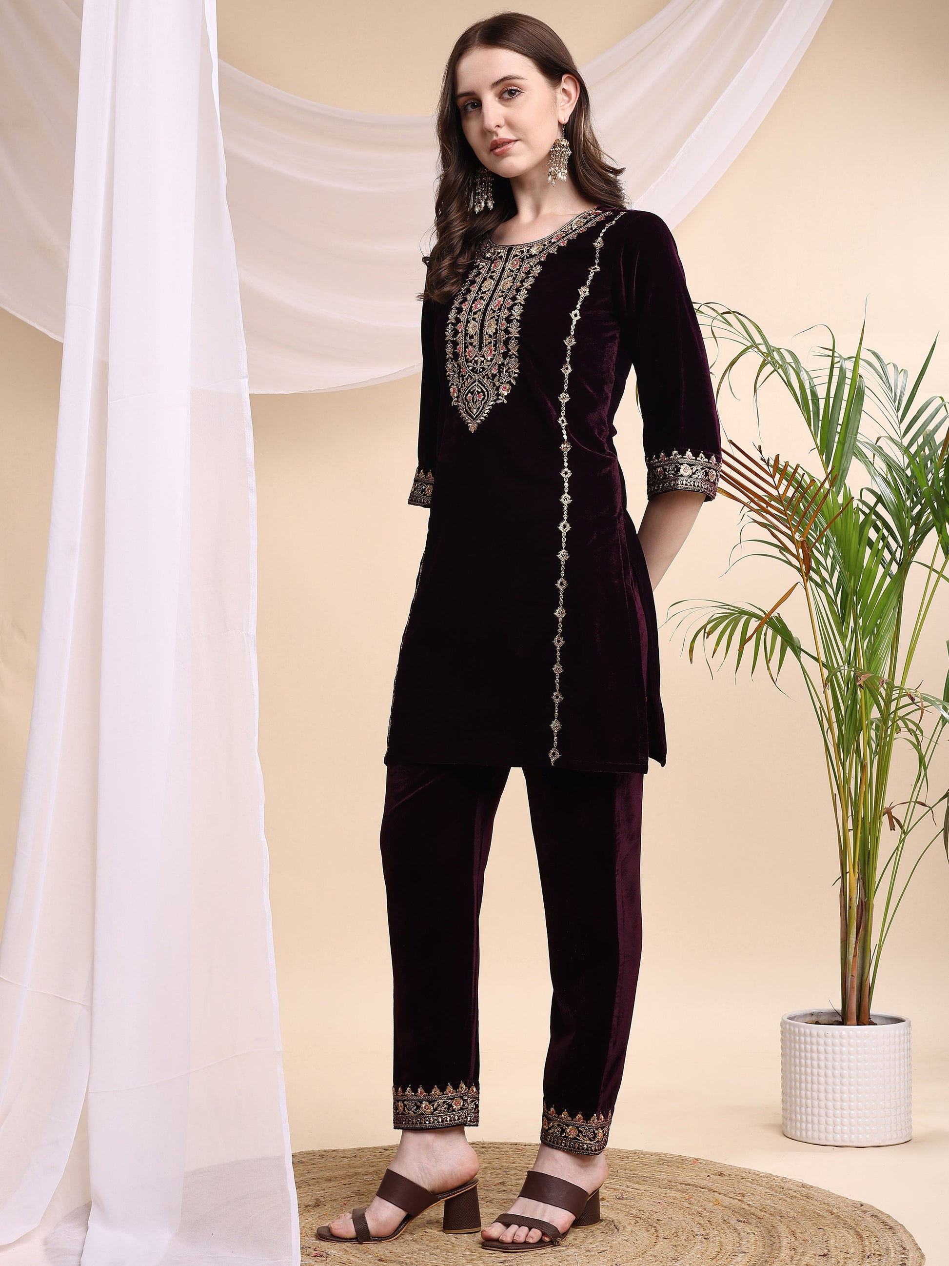 Embroidered Velvet Co-Ords, Wine - Hiral Fashion