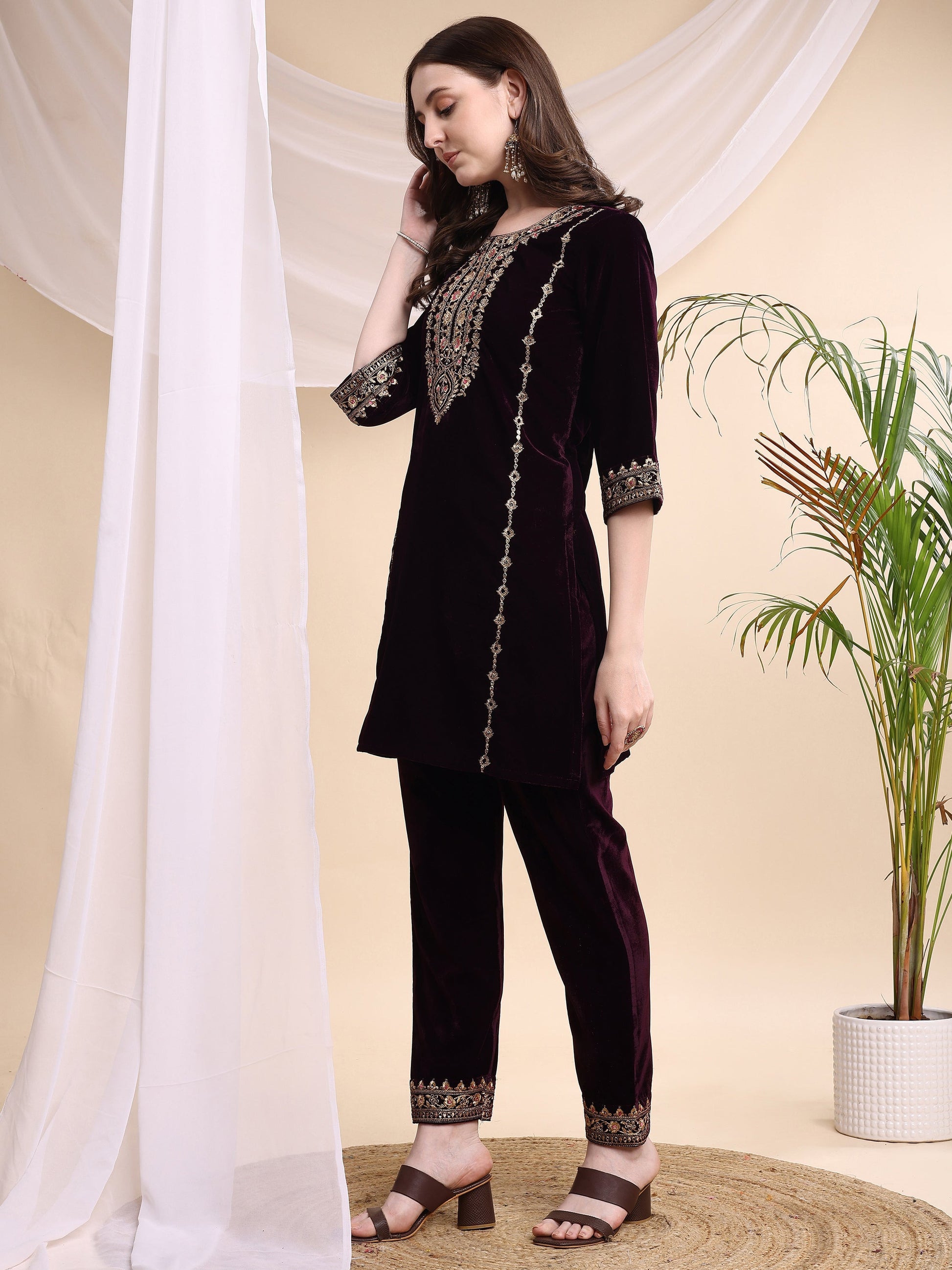 Embroidered Velvet Co-Ords, Wine - Hiral Fashion