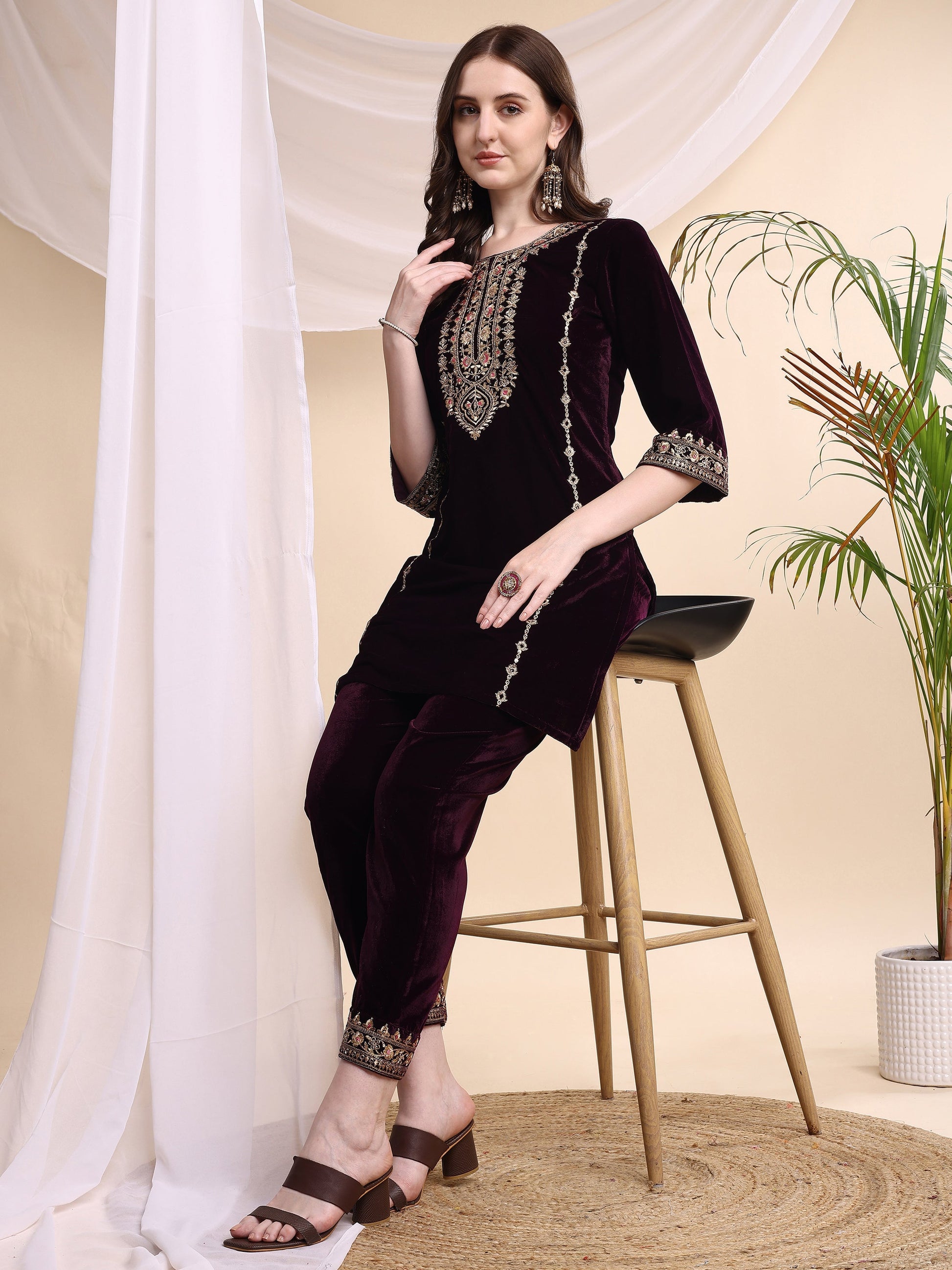 Embroidered Velvet Co-Ords, Wine - Hiral Fashion