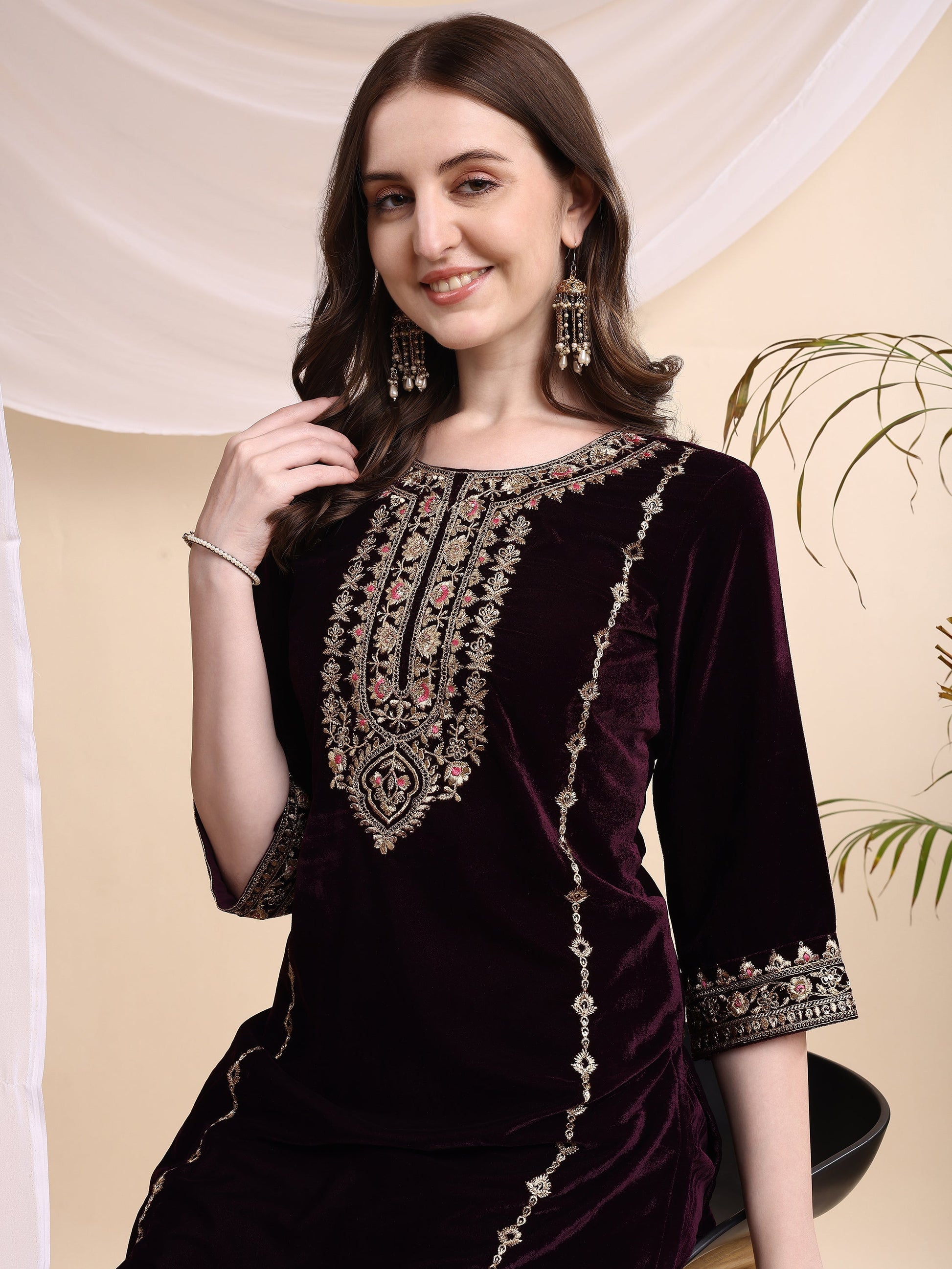 Embroidered Velvet Co-Ords, Wine - Hiral Fashion