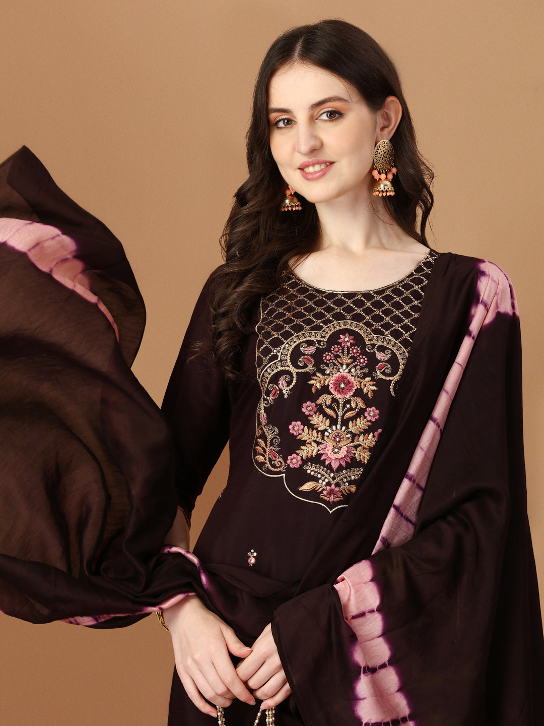 Hand Embroidered Chanderi Kurta With Pant & Dupatta Set, Multicolor - Hiral Fashion