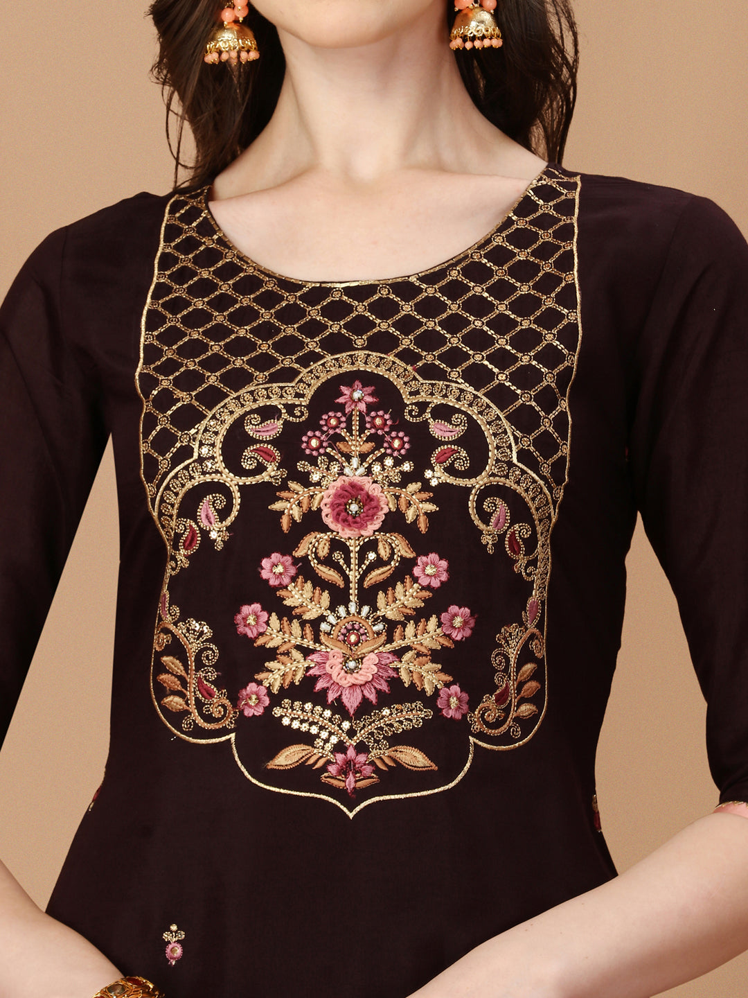 Hand Embroidered Chanderi Kurta With Pant & Dupatta Set, Multicolor - Hiral Fashion