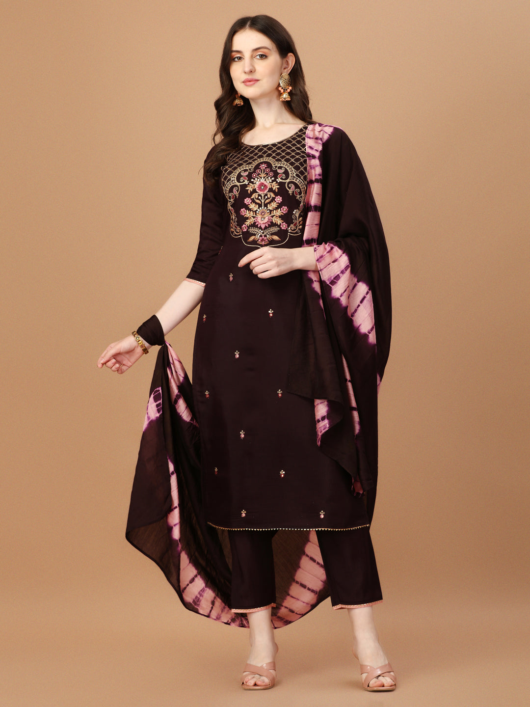Hand Embroidered Chanderi Kurta With Pant & Dupatta Set, Multicolor - Hiral Fashion