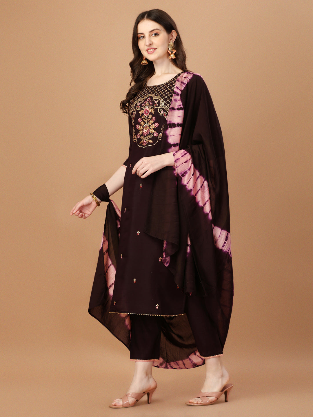 Hand Embroidered Chanderi Kurta With Pant & Dupatta Set, Multicolor - Hiral Fashion