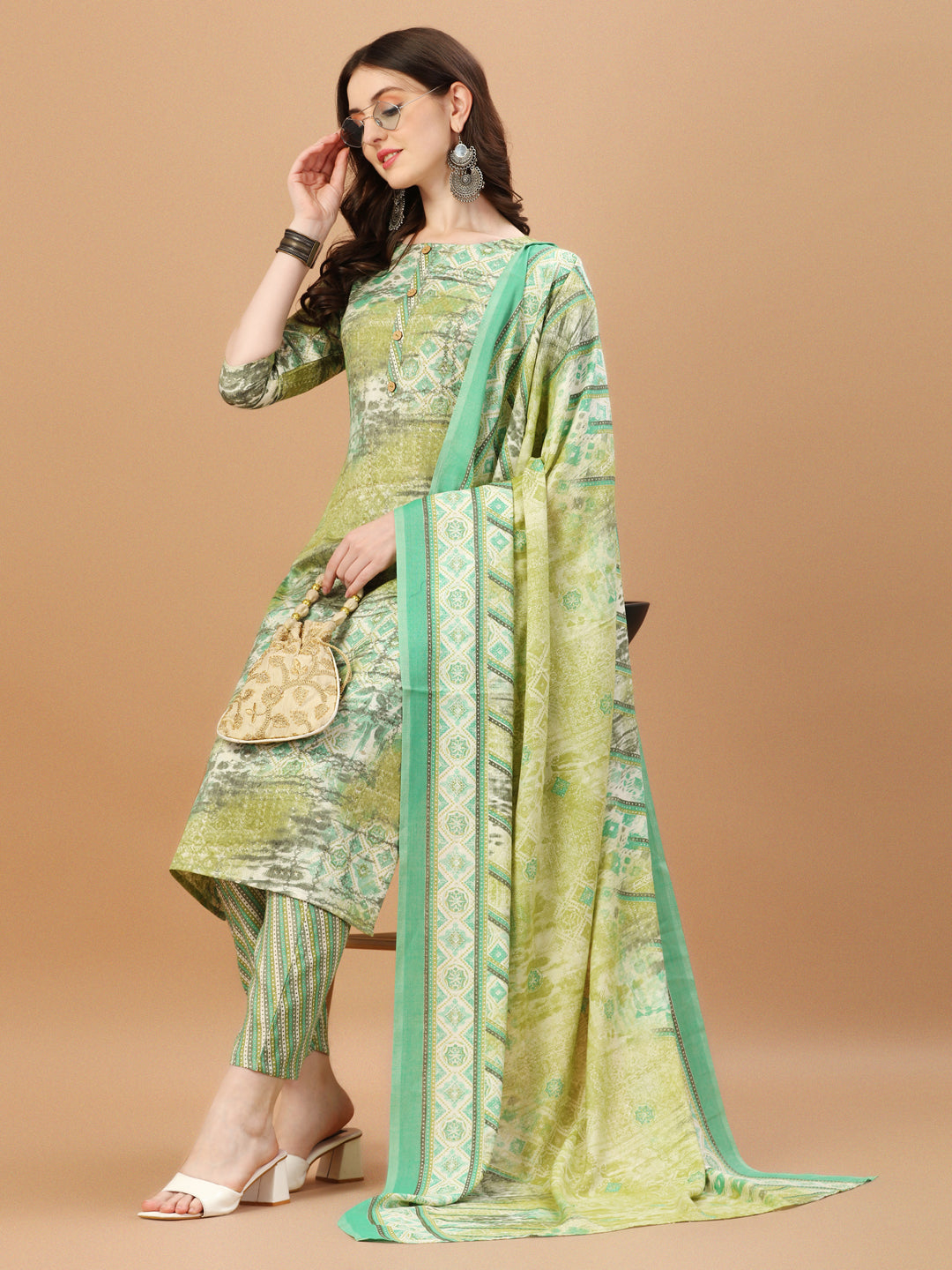 Printed Cotton Green Kurta Pant & Dupatta Set, Multicolor - Hiral Fashion