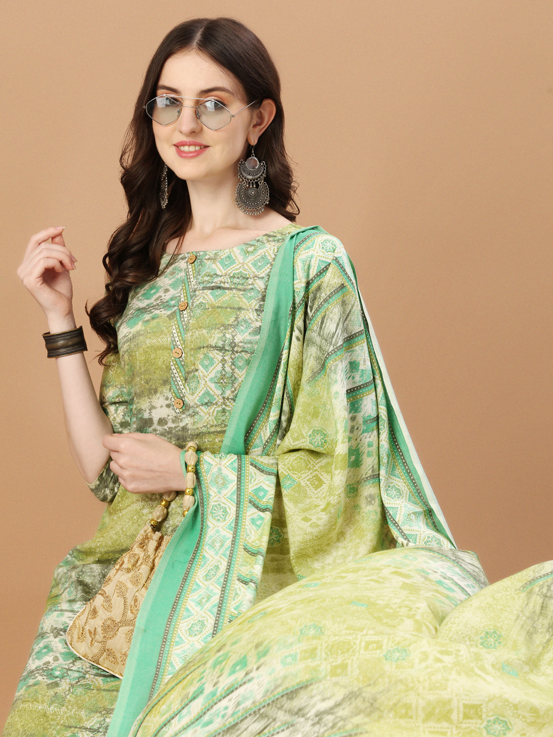 Printed Cotton Green Kurta Pant & Dupatta Set, Multicolor - Hiral Fashion