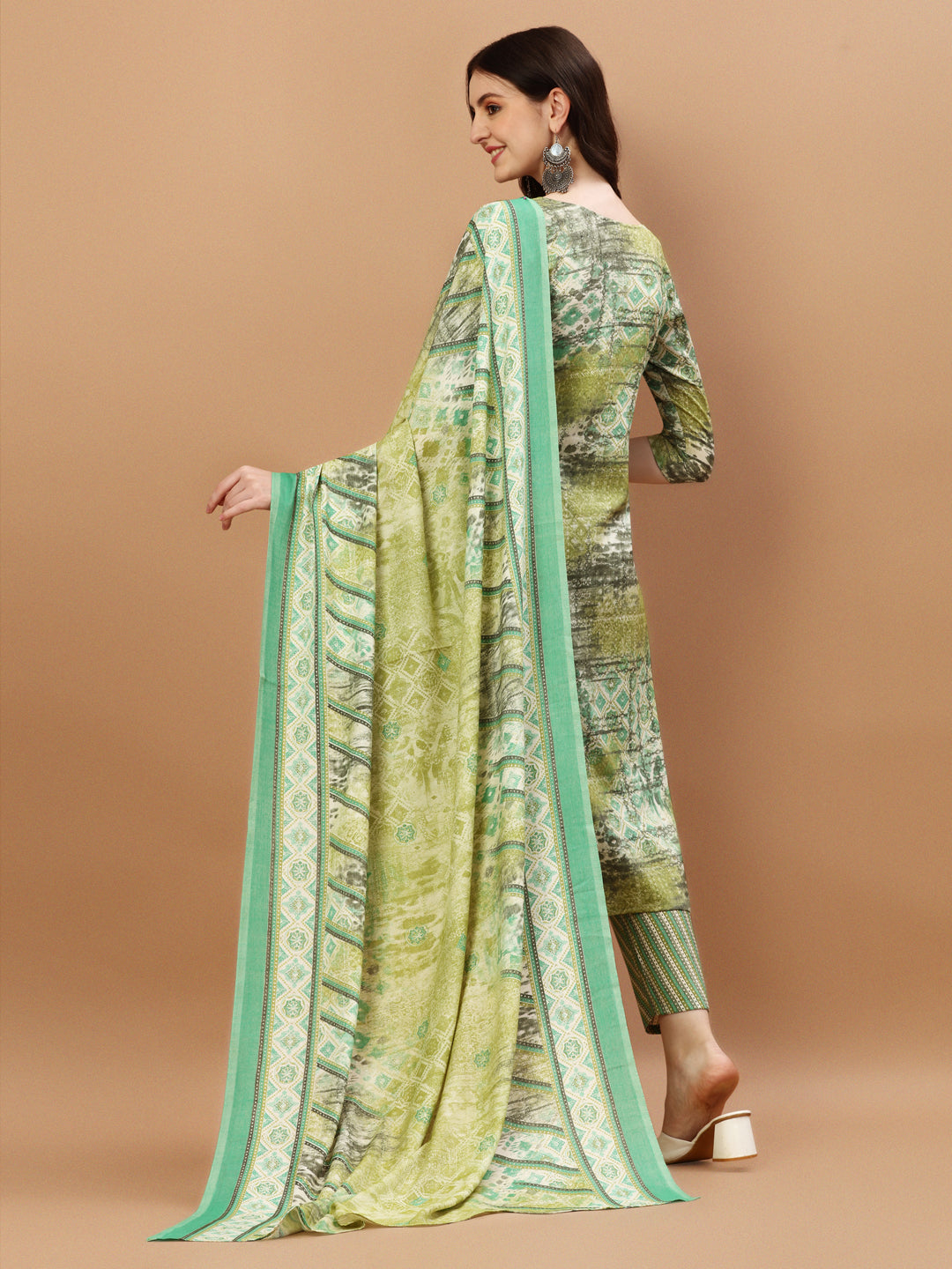 Printed Cotton Green Kurta Pant & Dupatta Set, Multicolor - Hiral Fashion