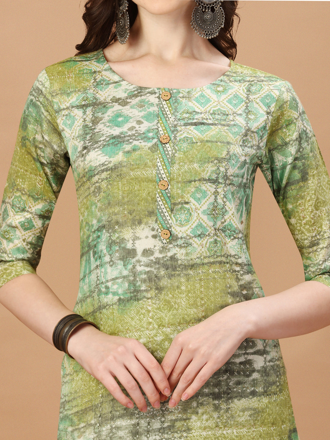 Printed Cotton Green Kurta Pant & Dupatta Set, Multicolor - Hiral Fashion