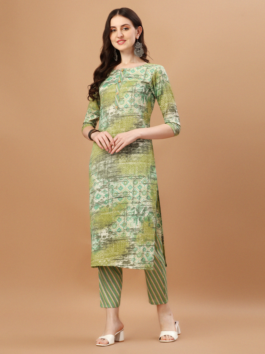 Printed Cotton Green Kurta Pant & Dupatta Set, Multicolor - Hiral Fashion