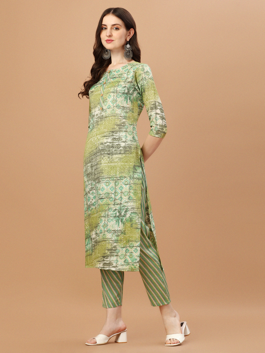 Printed Cotton Green Kurta Pant & Dupatta Set, Multicolor - Hiral Fashion