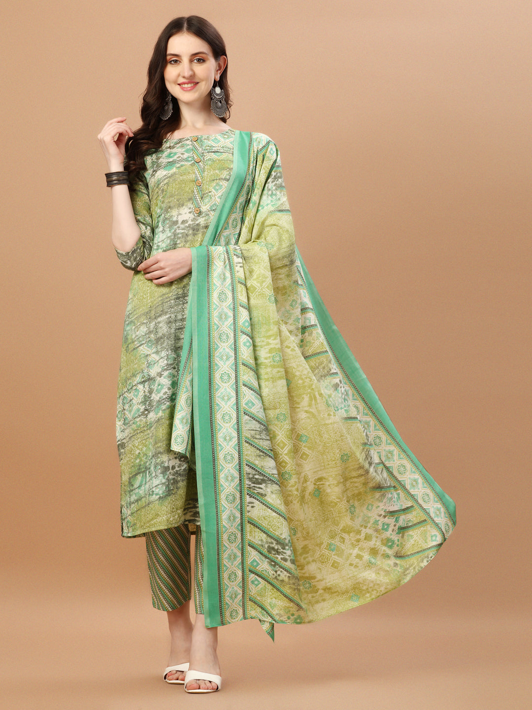 Printed Cotton Green Kurta Pant & Dupatta Set, Multicolor - Hiral Fashion