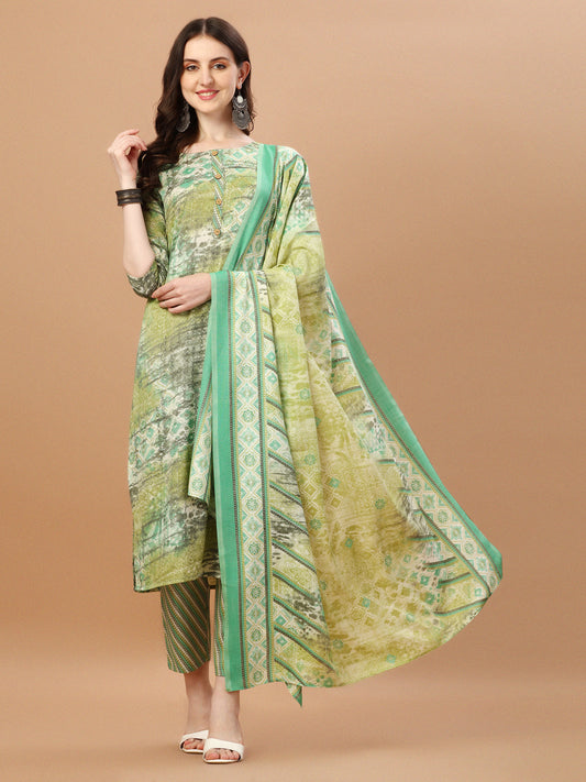 Printed Cotton Green Kurta Pant & Dupatta Set, Multicolor - Hiral Fashion