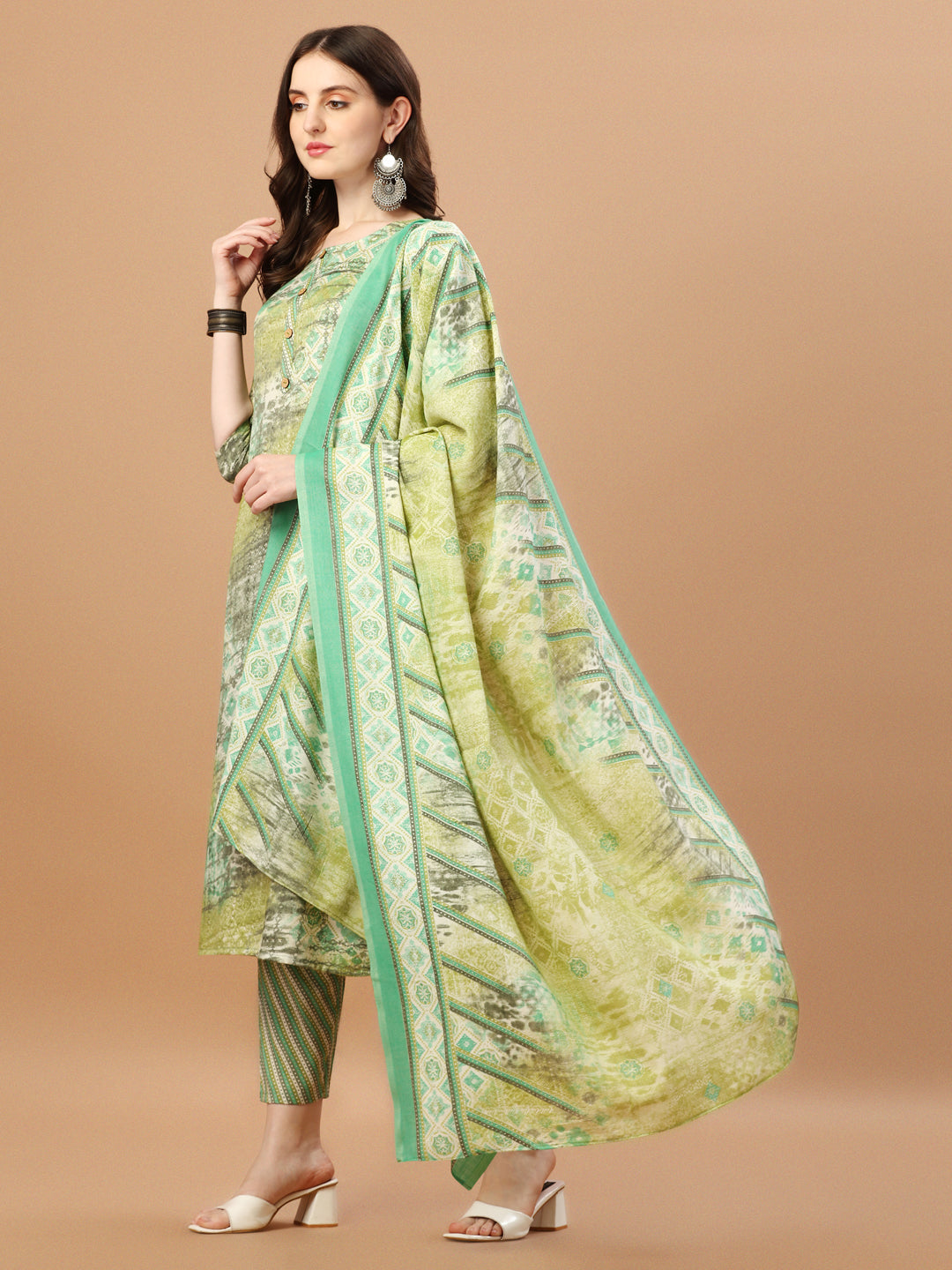Printed Cotton Green Kurta Pant & Dupatta Set, Multicolor - Hiral Fashion