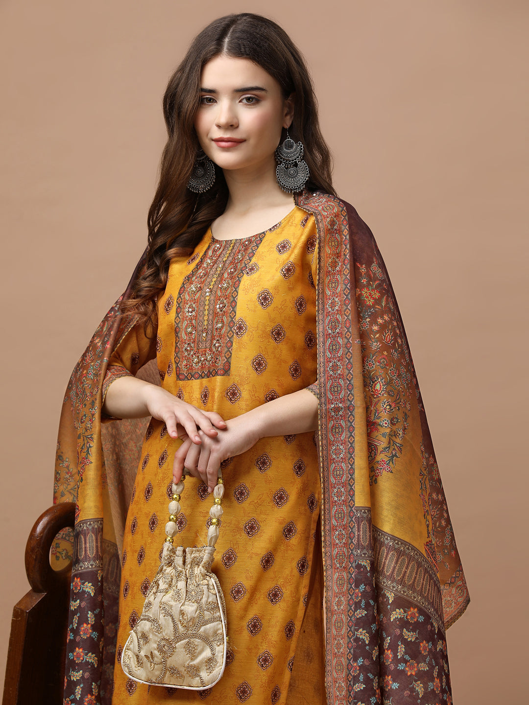 Embroidered & Ethnic Motifs Printed Kurta With Pant & Dupatta, Multicolor - Hiral Fashion