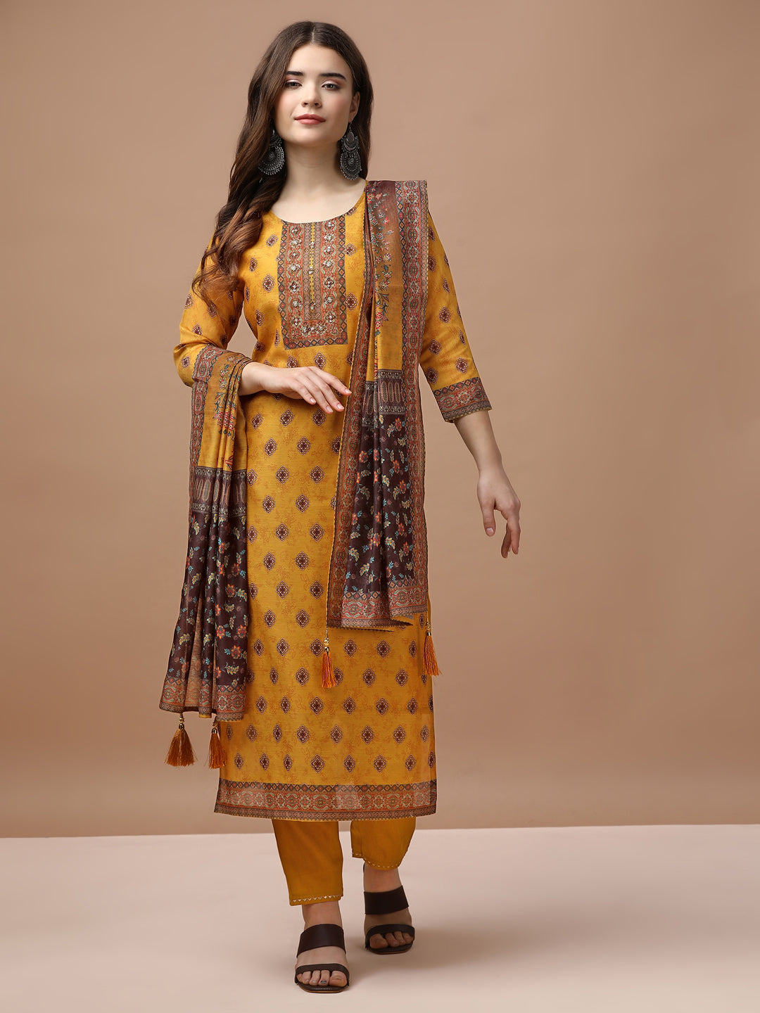 Embroidered & Ethnic Motifs Printed Kurta With Pant & Dupatta, Multicolor - Hiral Fashion