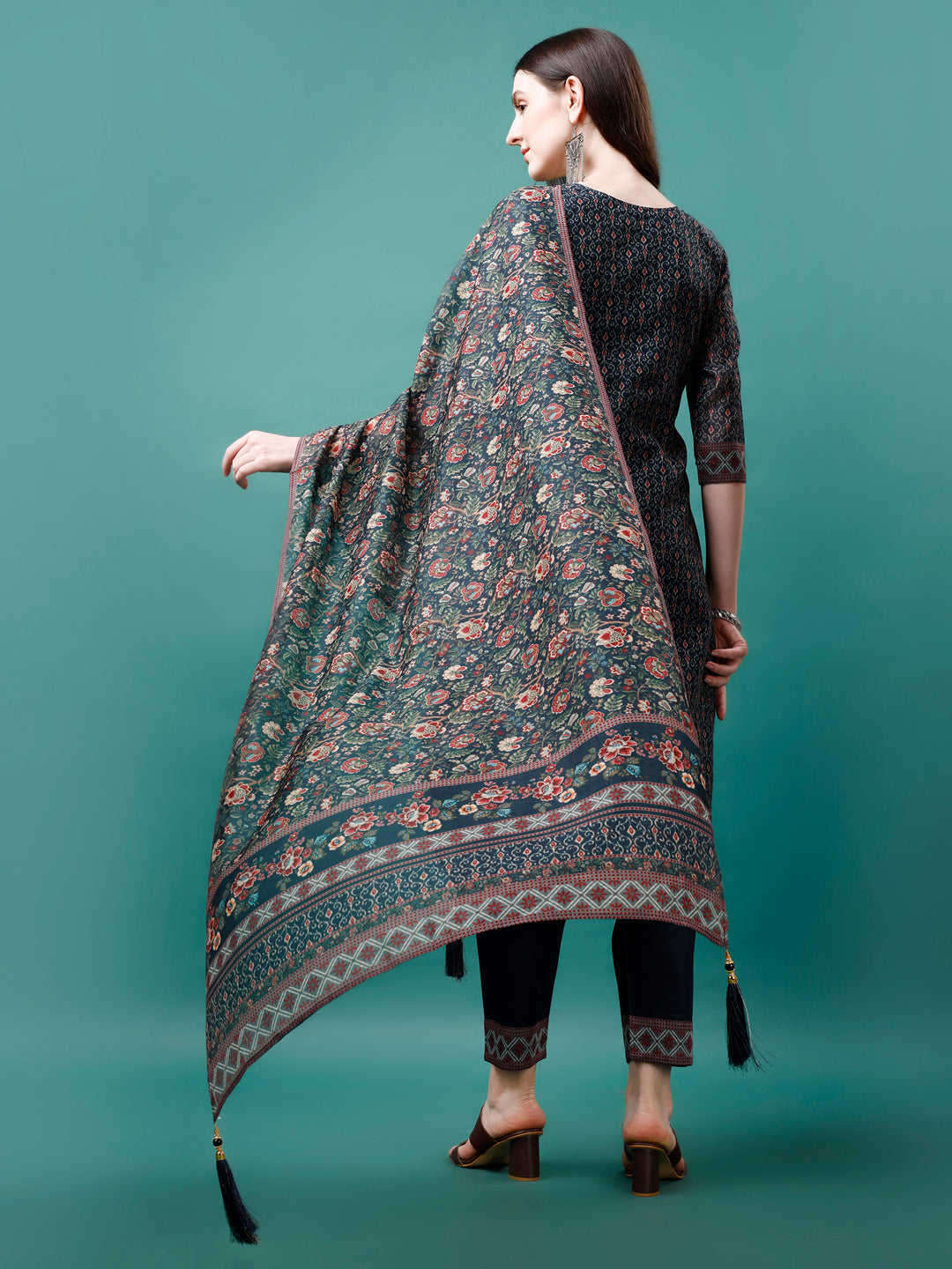 Hand Embroidered Kurta With Pant & Dupatta, Multicolor - Hiral Fashion