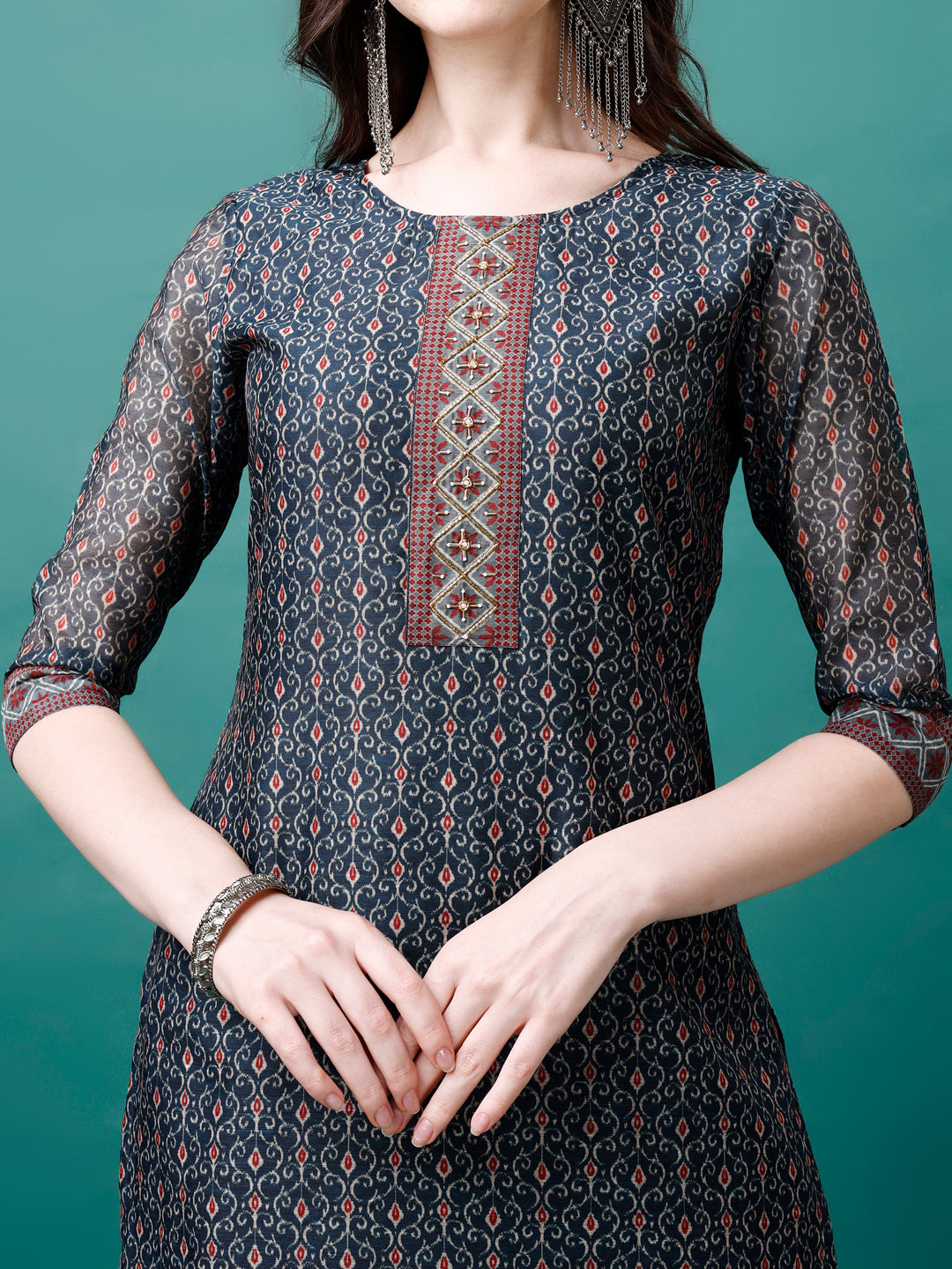 Hand Embroidered Kurta With Pant & Dupatta, Multicolor - Hiral Fashion