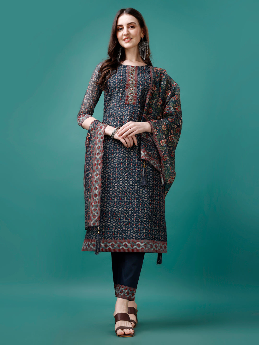Hand Embroidered Kurta With Pant & Dupatta, Multicolor - Hiral Fashion