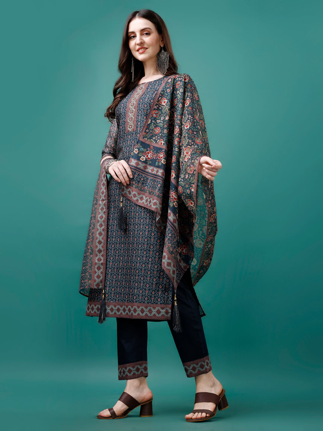 Hand Embroidered Kurta With Pant & Dupatta, Multicolor - Hiral Fashion