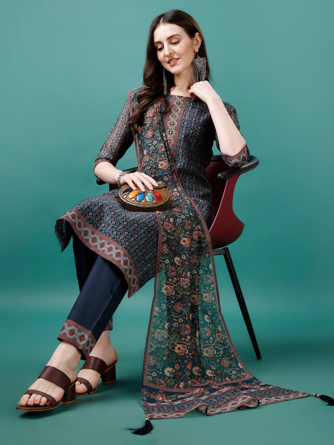 Hand Embroidered Kurta With Pant & Dupatta, Multicolor - Hiral Fashion