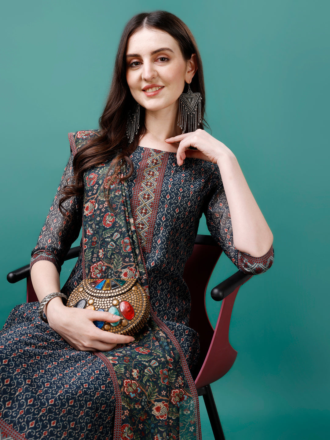Hand Embroidered Kurta With Pant & Dupatta, Multicolor - Hiral Fashion