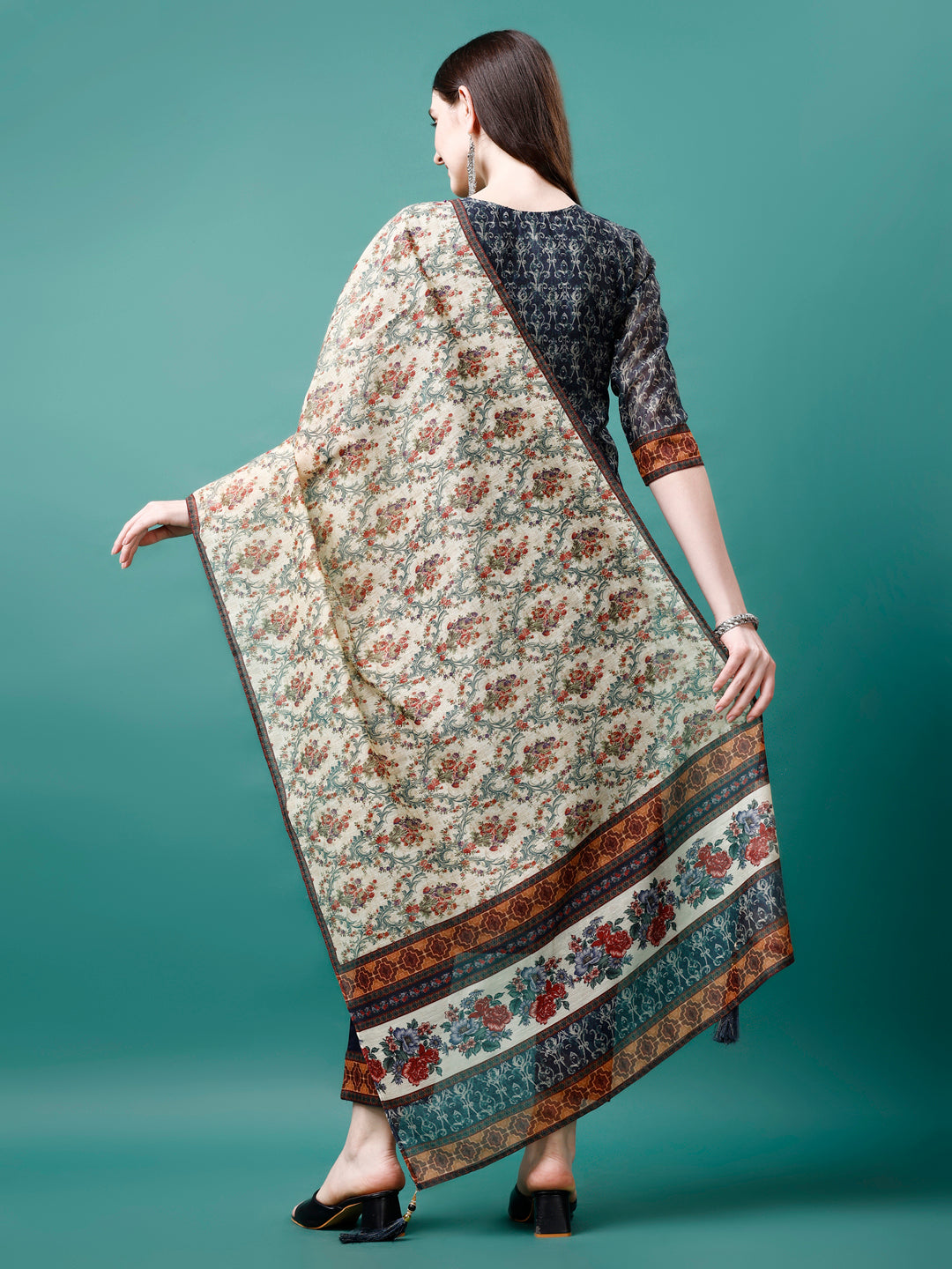 Hand Embroidered Kurta With Pant & Dupatta, Multicolor - Hiral Fashion