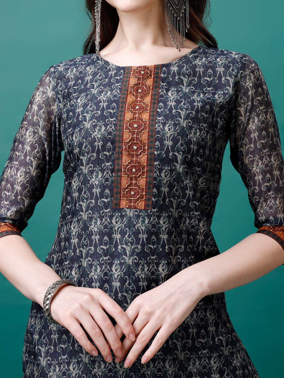Hand Embroidered Kurta With Pant & Dupatta, Multicolor - Hiral Fashion