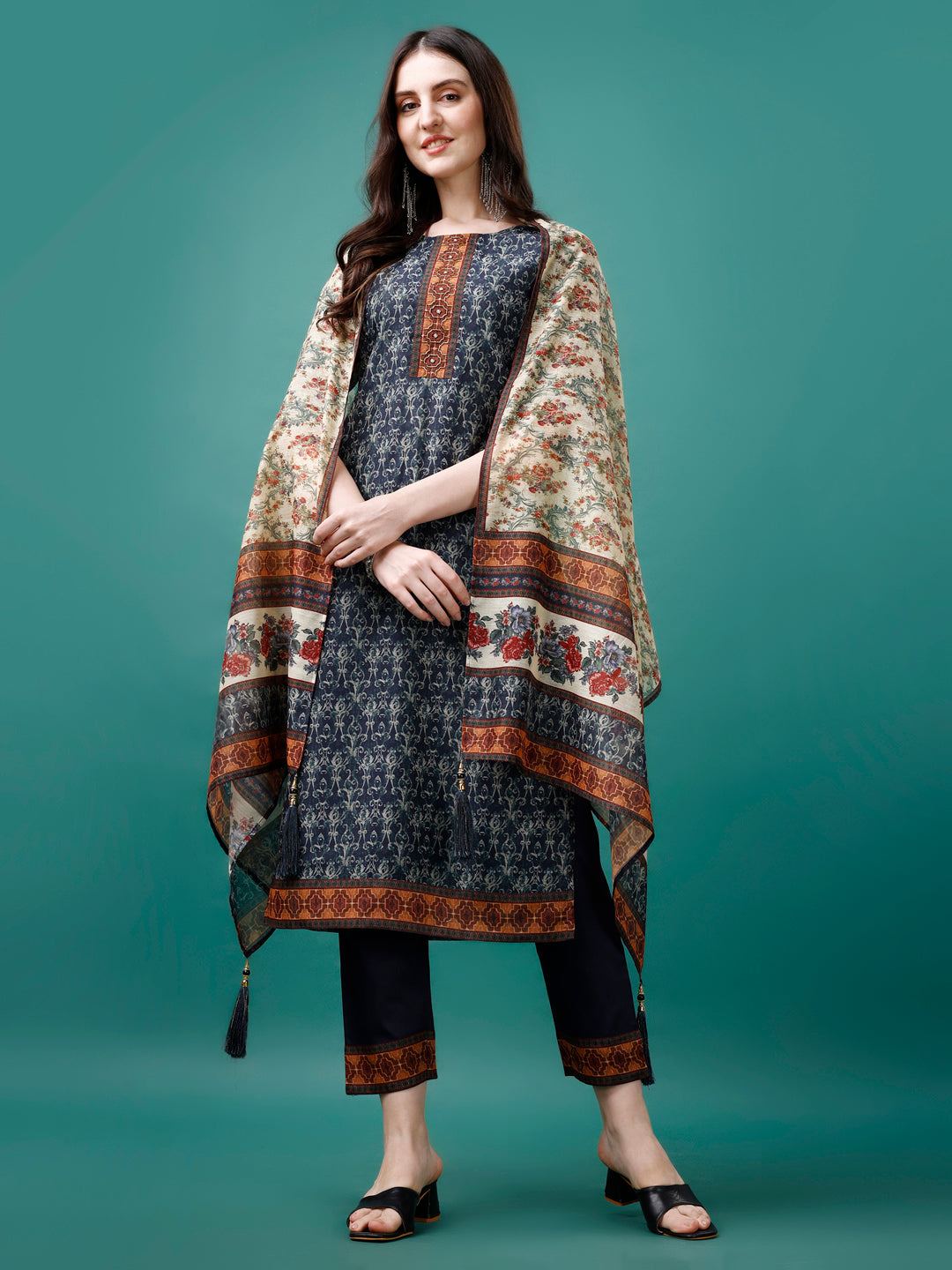 Hand Embroidered Kurta With Pant & Dupatta, Multicolor - Hiral Fashion