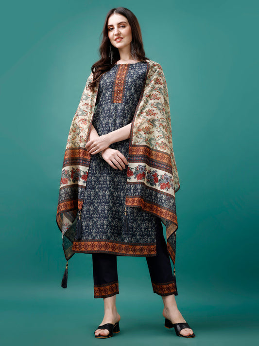 Hand Embroidered Kurta With Pant & Dupatta, Multicolor - Hiral Fashion