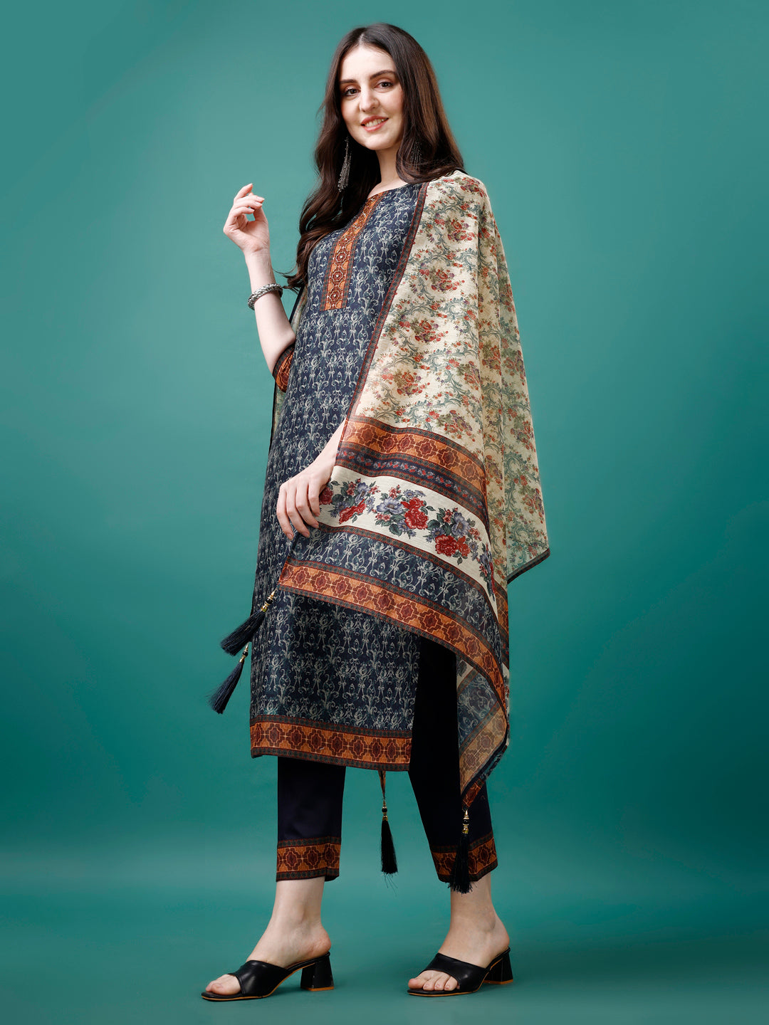 Hand Embroidered Kurta With Pant & Dupatta, Multicolor - Hiral Fashion
