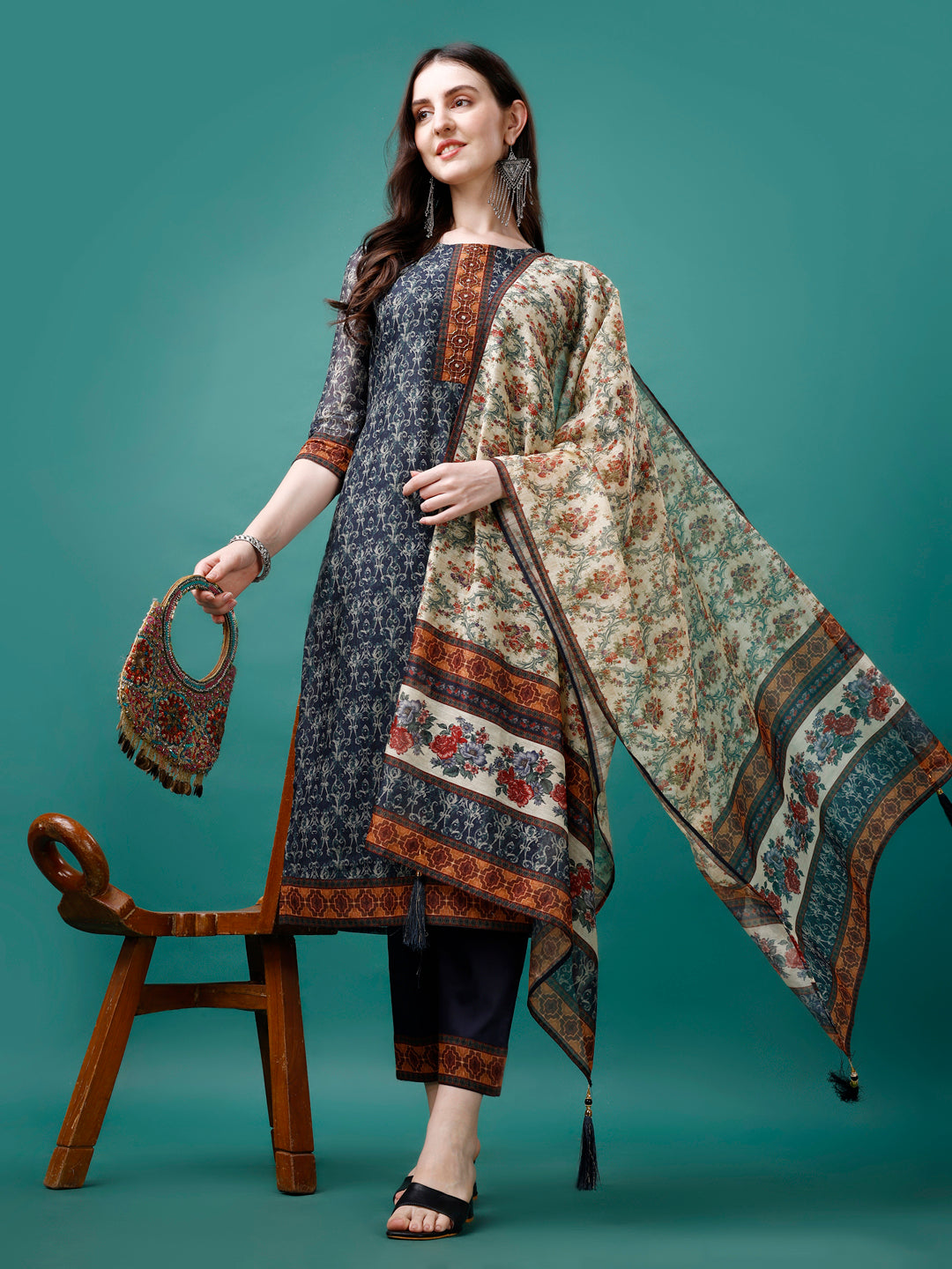 Hand Embroidered Kurta With Pant & Dupatta, Multicolor - Hiral Fashion